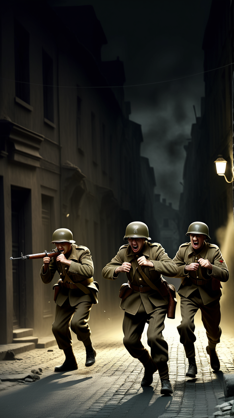 Second World War soldiers are fighting in a dark street
