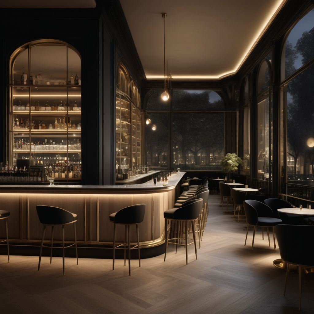 a hyperrealistic of a grand modern Parisian cafe and bar at night with mood lighting,  floor to ceiling windows with a view of the gardens, in a beige oak and brass and black colour palette
