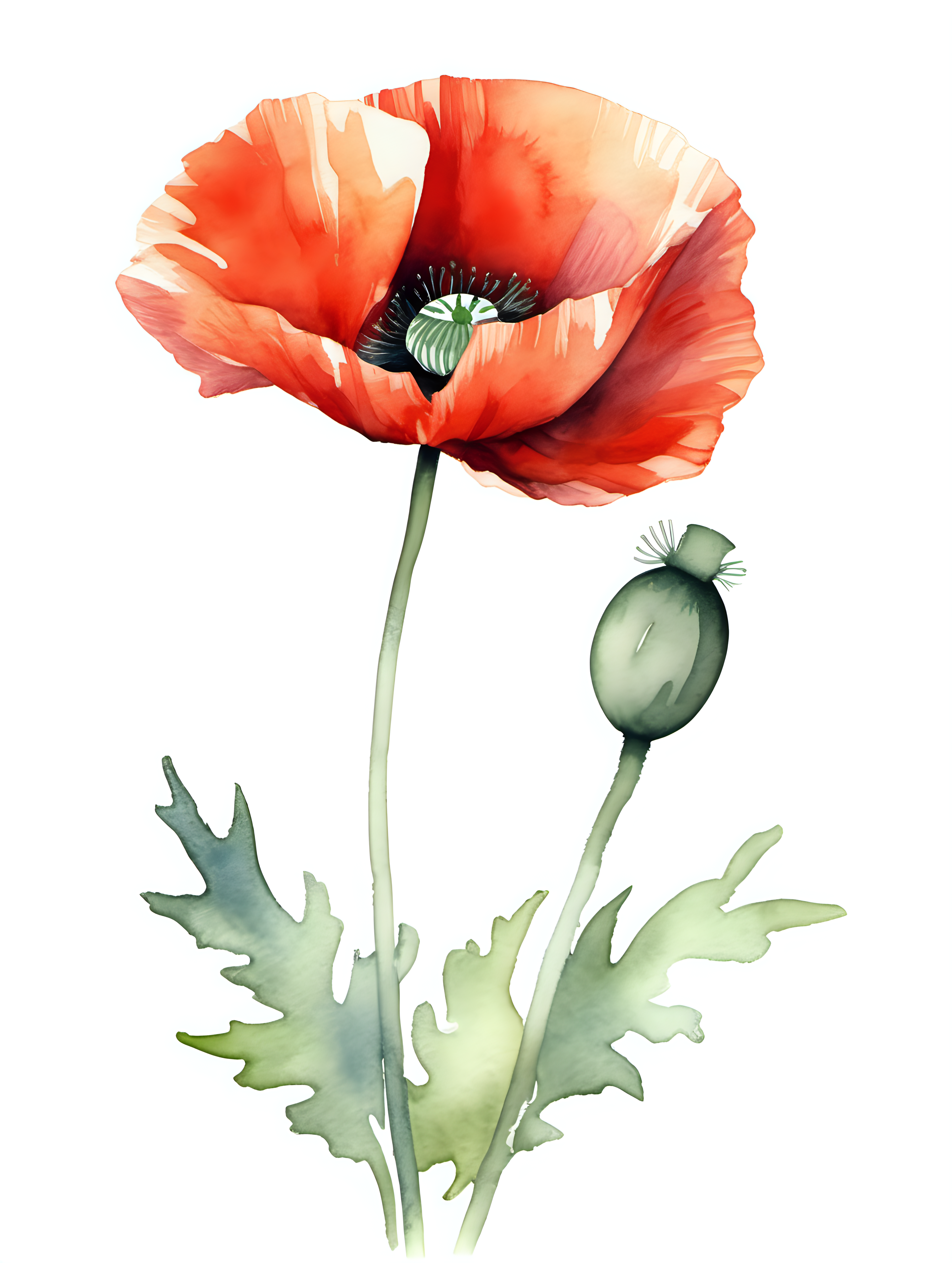 simple single poppy, watercolor, white background