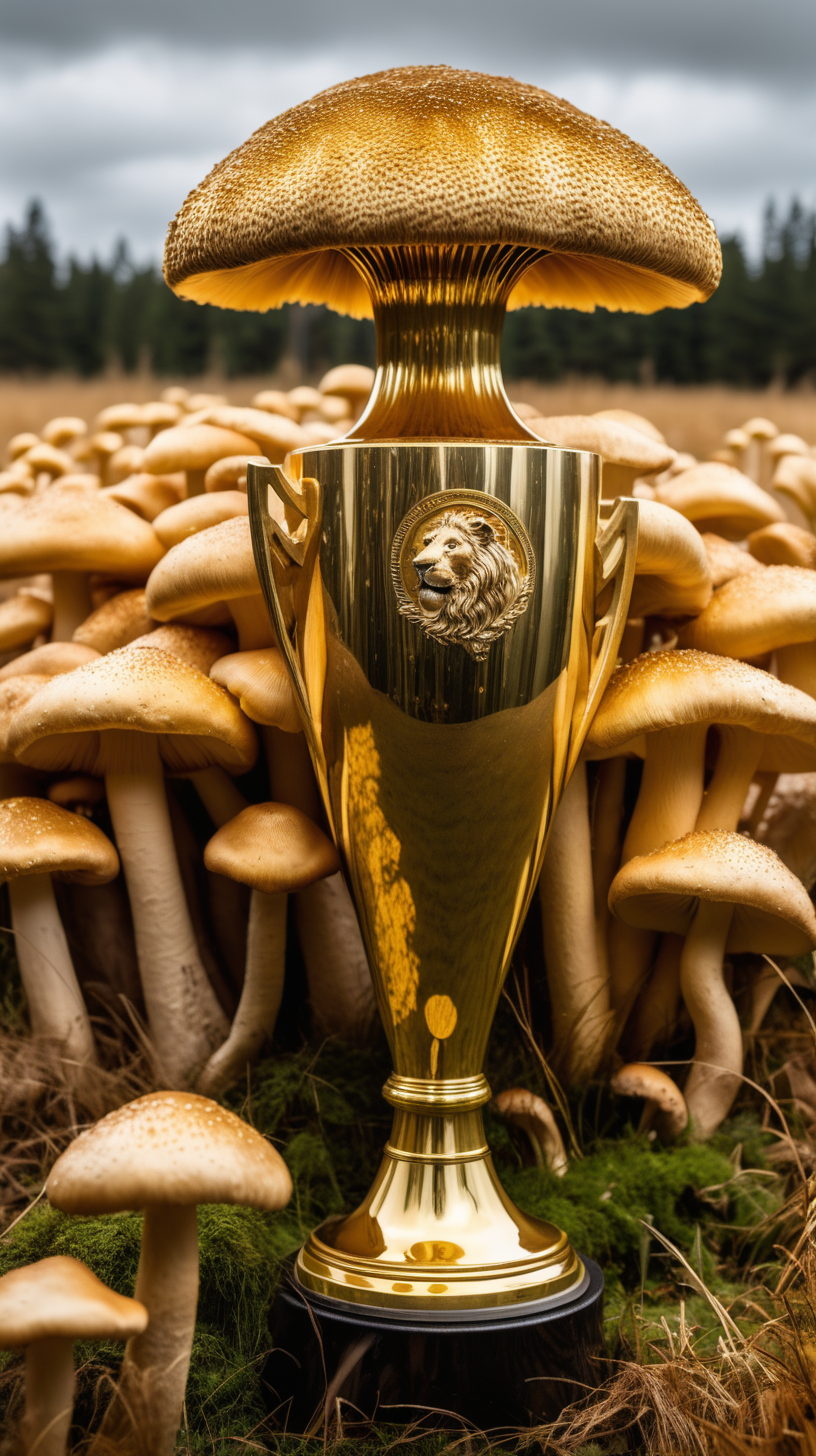 Big golden trophy in a field of lionsmane mushrooms looking big and amazing 