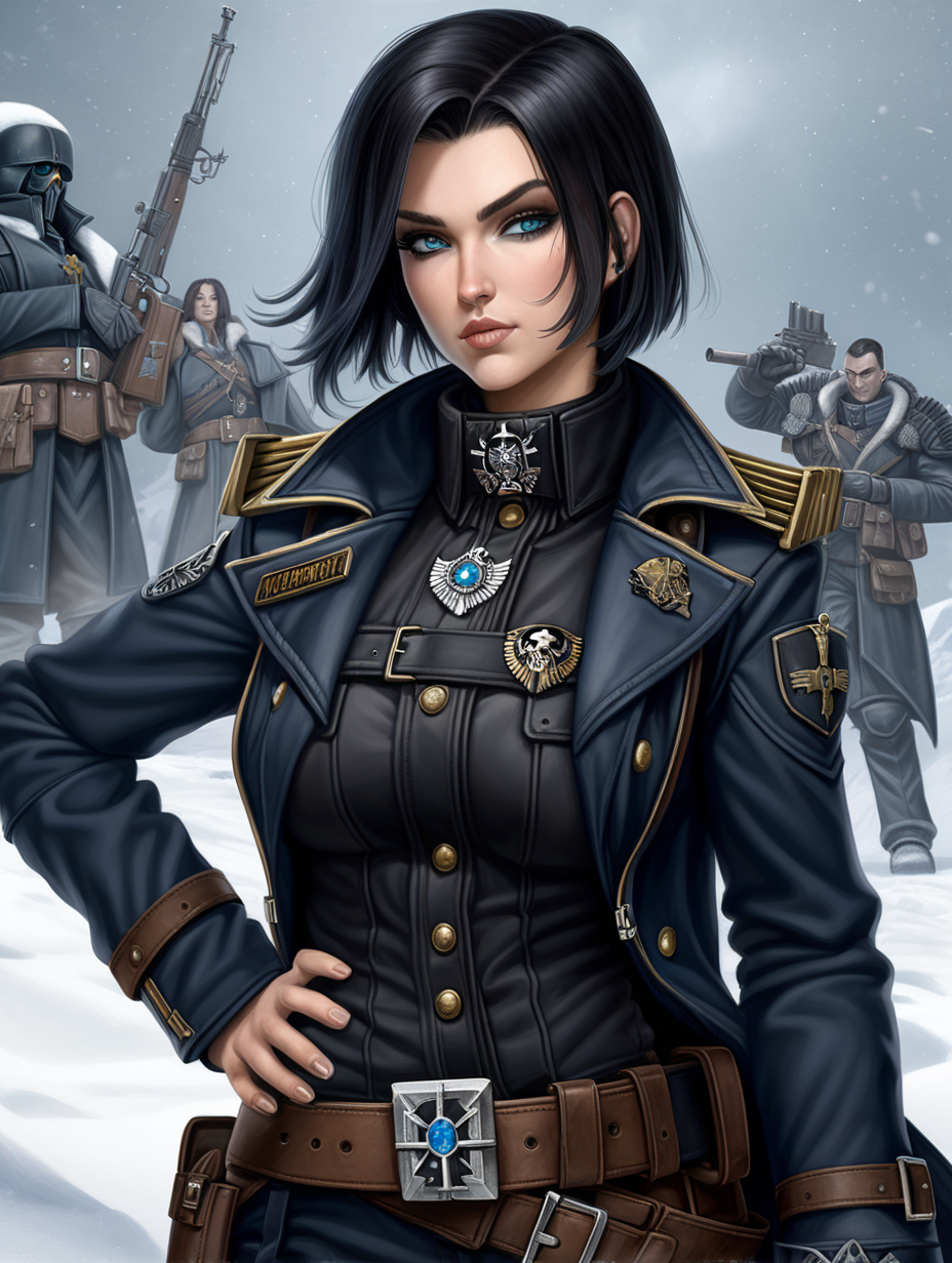 Warhammer 40K young busty Commissar woman. She has an hourglass shape. She has raven black hair. She has a very short hair style similar to what Maya, from Borderlands 2, has. Dark black uniform. Dark brown belt has a lot of pouches, grenades, and a black holster attached. Dark brown bandolier around waist. Her dark black uniform jacket fits perfectly and is closed up. She has a lot of eye shadow. Background scene is snowy trench line. She has icy blue eyes. Her uniform has some Norse runes on the collar and epaulettes. She is wearing warm clothes.