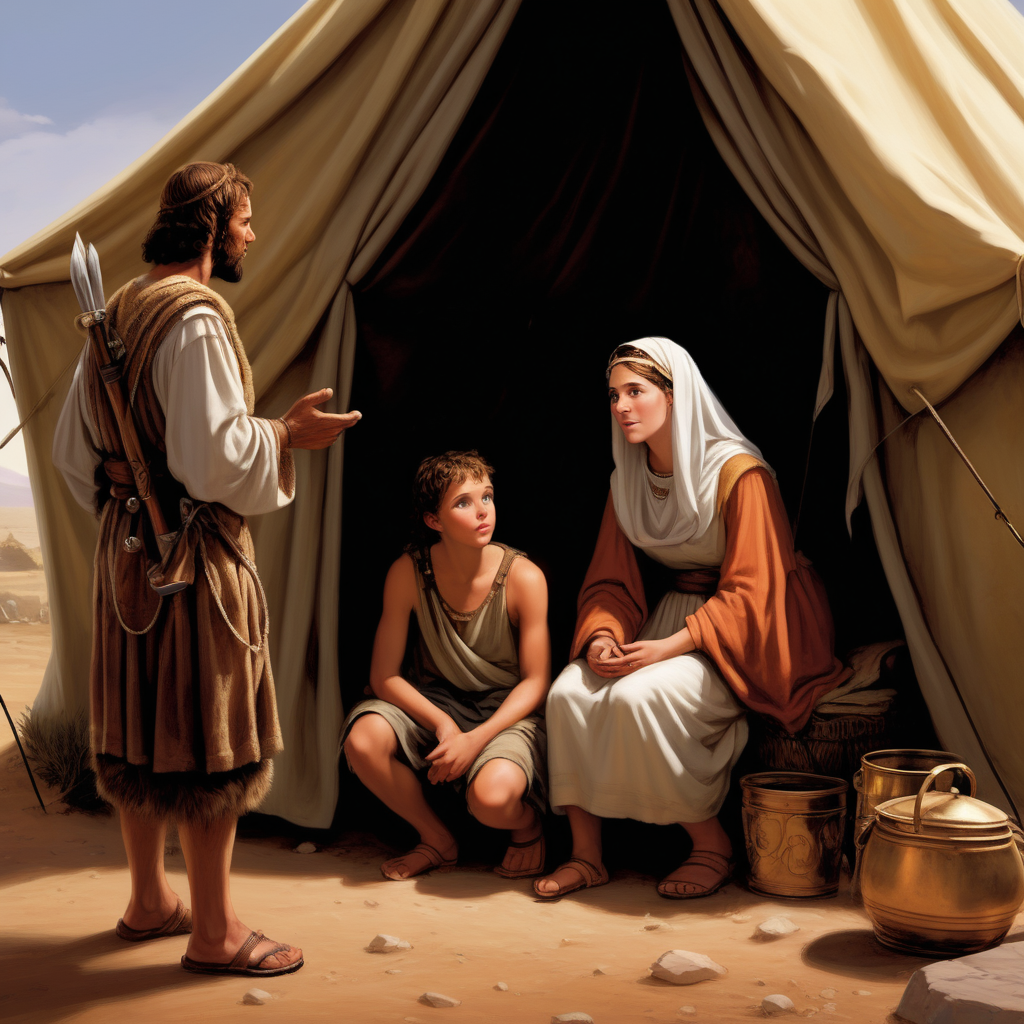 Rebecca listens to Isaac and Esau who tells