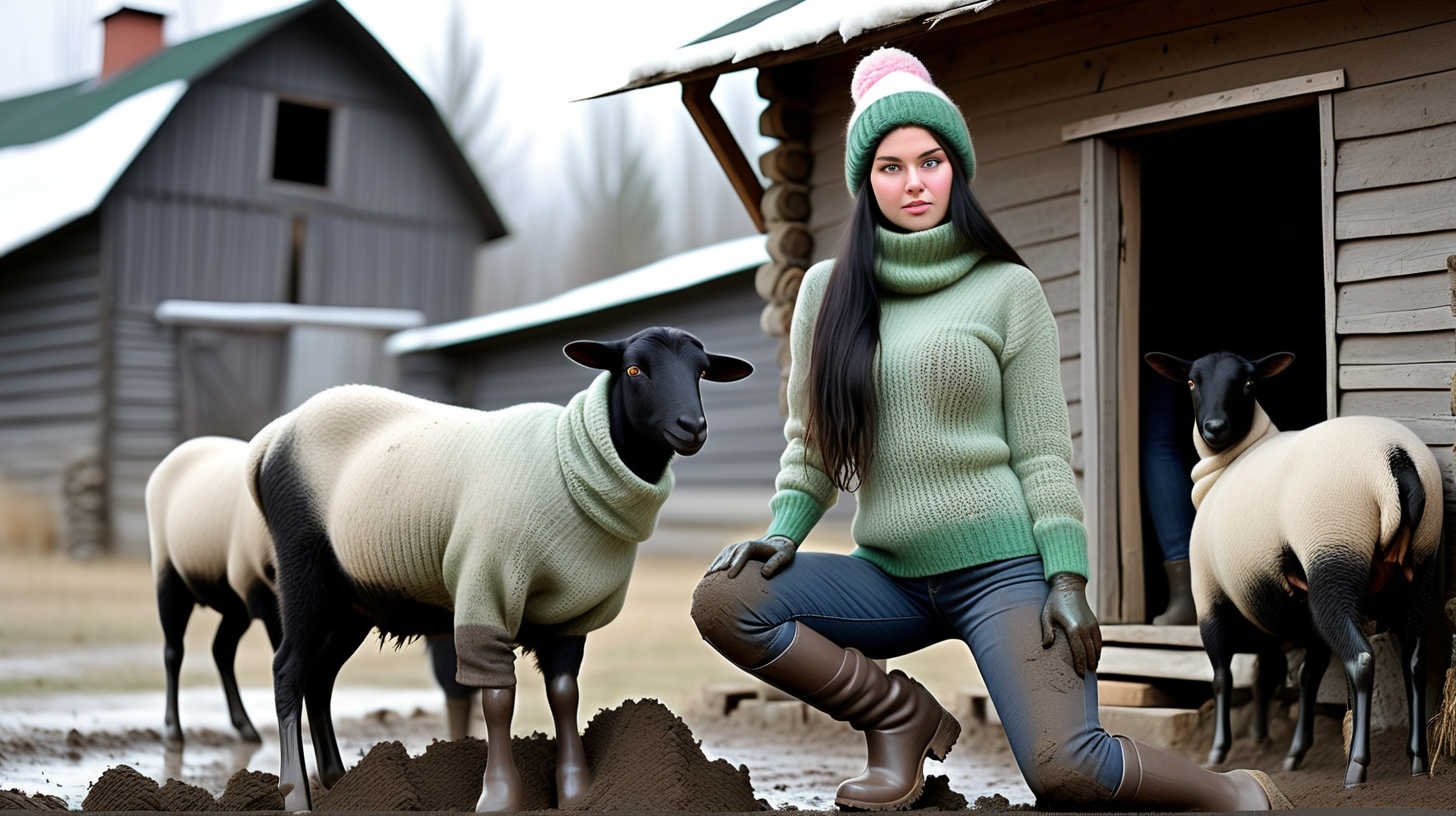 Mountain sheep farm. Hot girl with green eyes and long dark black hair with clothes and face stained with mud working with animals. I'ts winter - many snow and mud around. Girl wearing short rubber black boots, knitted slippers and thick wrinked hand knitted brown and gray wool socks on legs. Dark and muddy spandex leggings, jeans short pants dirty from mud. On top tight wool hand knitted sweater,  felted bodice in dark green, knitted pink scarf, knitted black gloves, knitted dirty white hat on head. Near is barn. Next to it old wooden house with small frozen windows and smoking chimney. Around old tractor, and equipment.