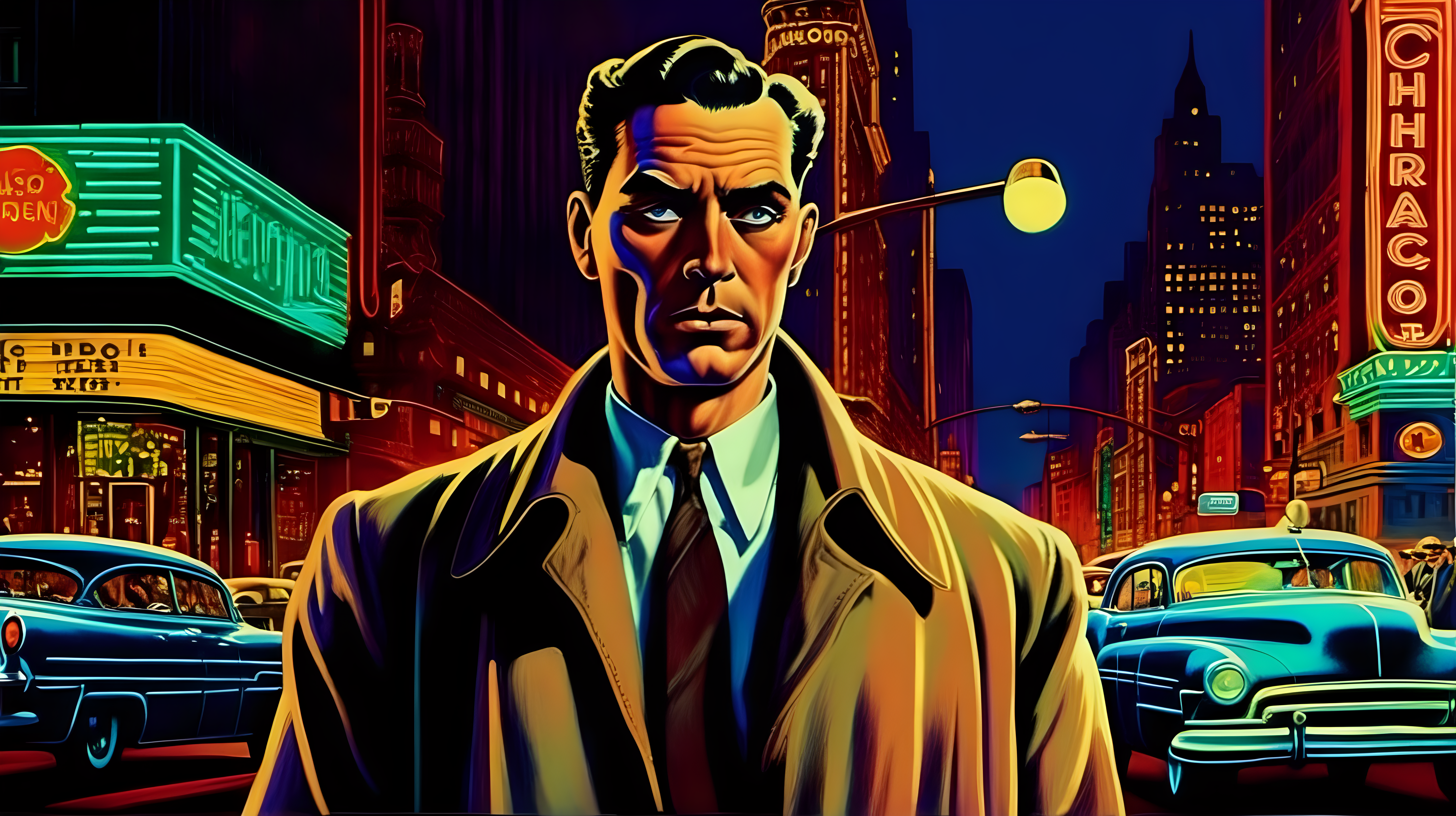 A detective staring at the camera in the foreground on a downtown neon Chicago street circa 1950. Colorful Modernism style.