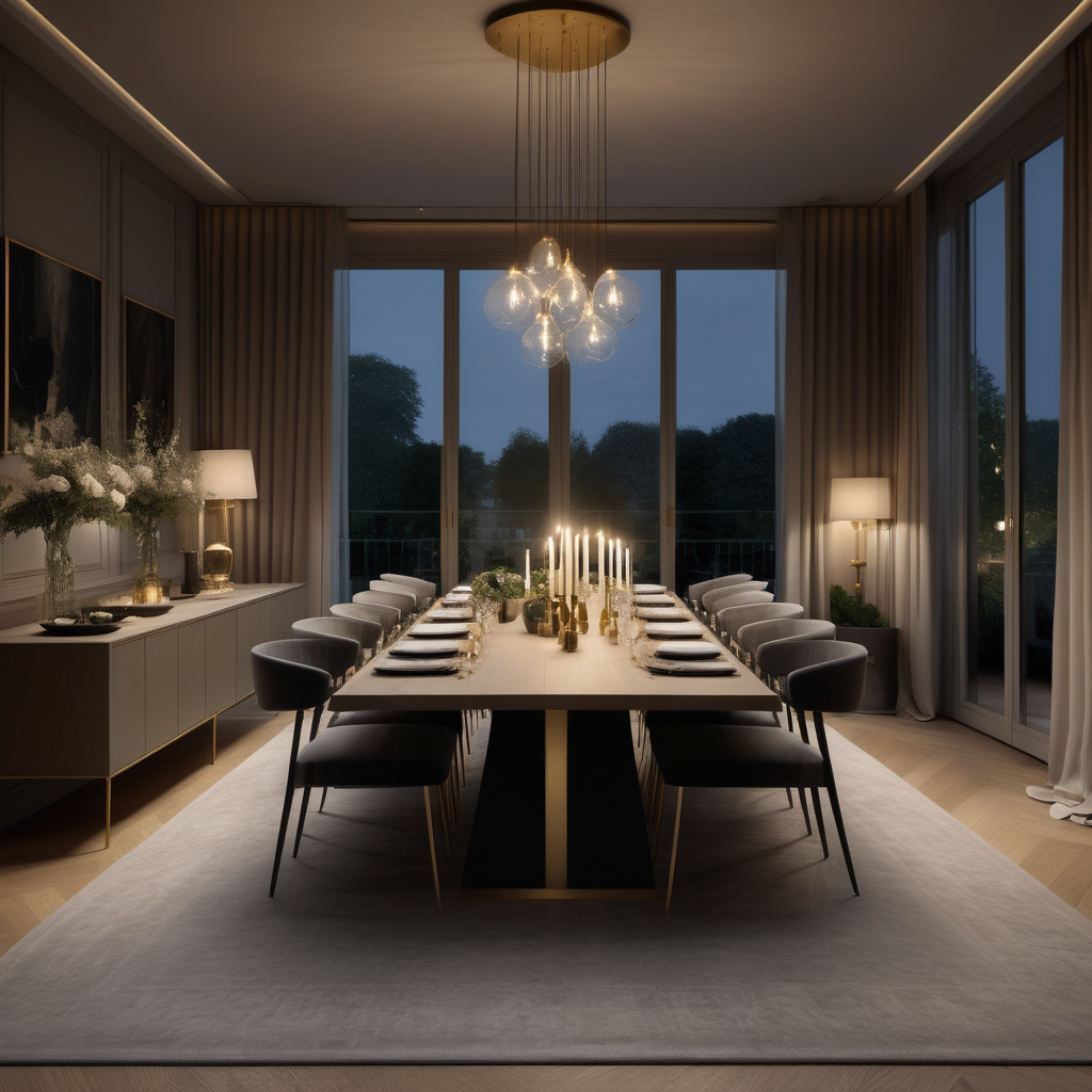 hyperrealistic of an elegant modern Parisian dining room at night at night with table set for 12 people; candles; oak flooring; floor to ceiling windows with a view of the sprawling lush gardens; curtains; mood lighting; beige, oak, brass and slate-grey colour palette; modern brass pendant light; rug; fireplace; storage;

