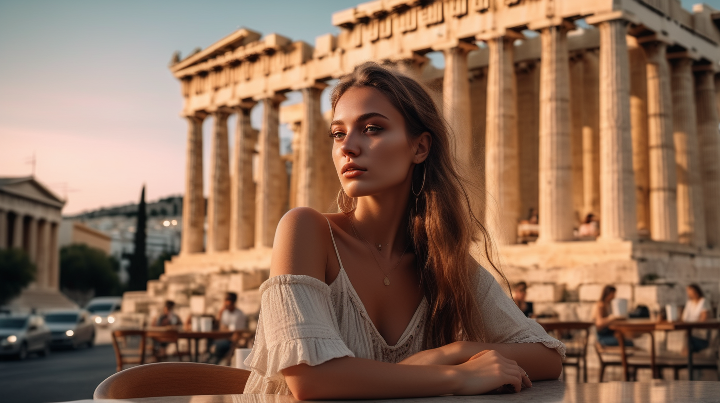 post classic, portrait photography, boho outfit, super realistic woman, sitting in a street coffee shop in modern Athens, dusk blurred Parthenon in the background. Perfect body, simetric, no more fingers on hand.  The lighting in the portrait should be dramatic. Sharp focus. A ultrarealistic perfect example of cinematic shot. Use muted colors to add to the scene.