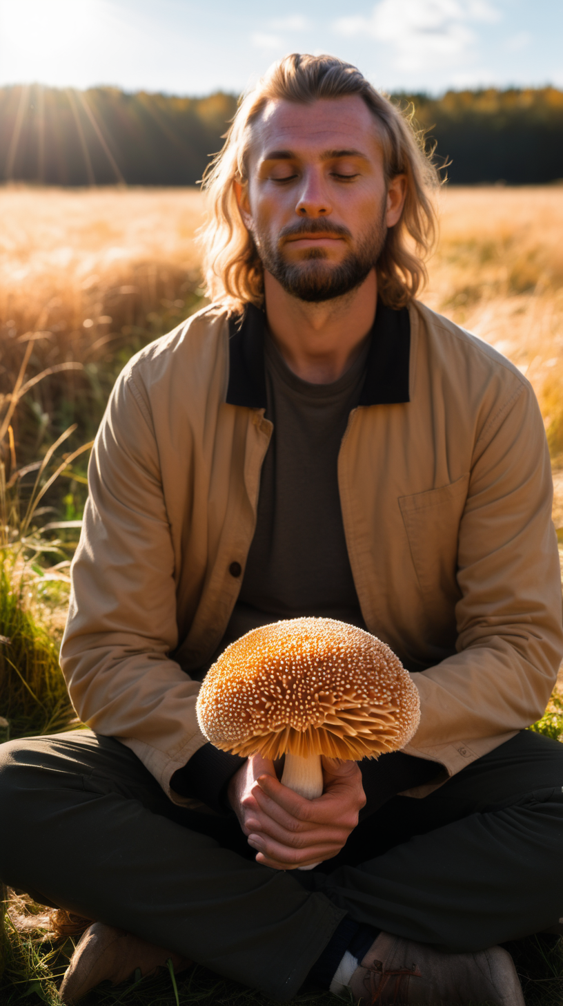 Man holding lionsmane mushroom in a field sitting down looking very zen and relaxed with the sun shining