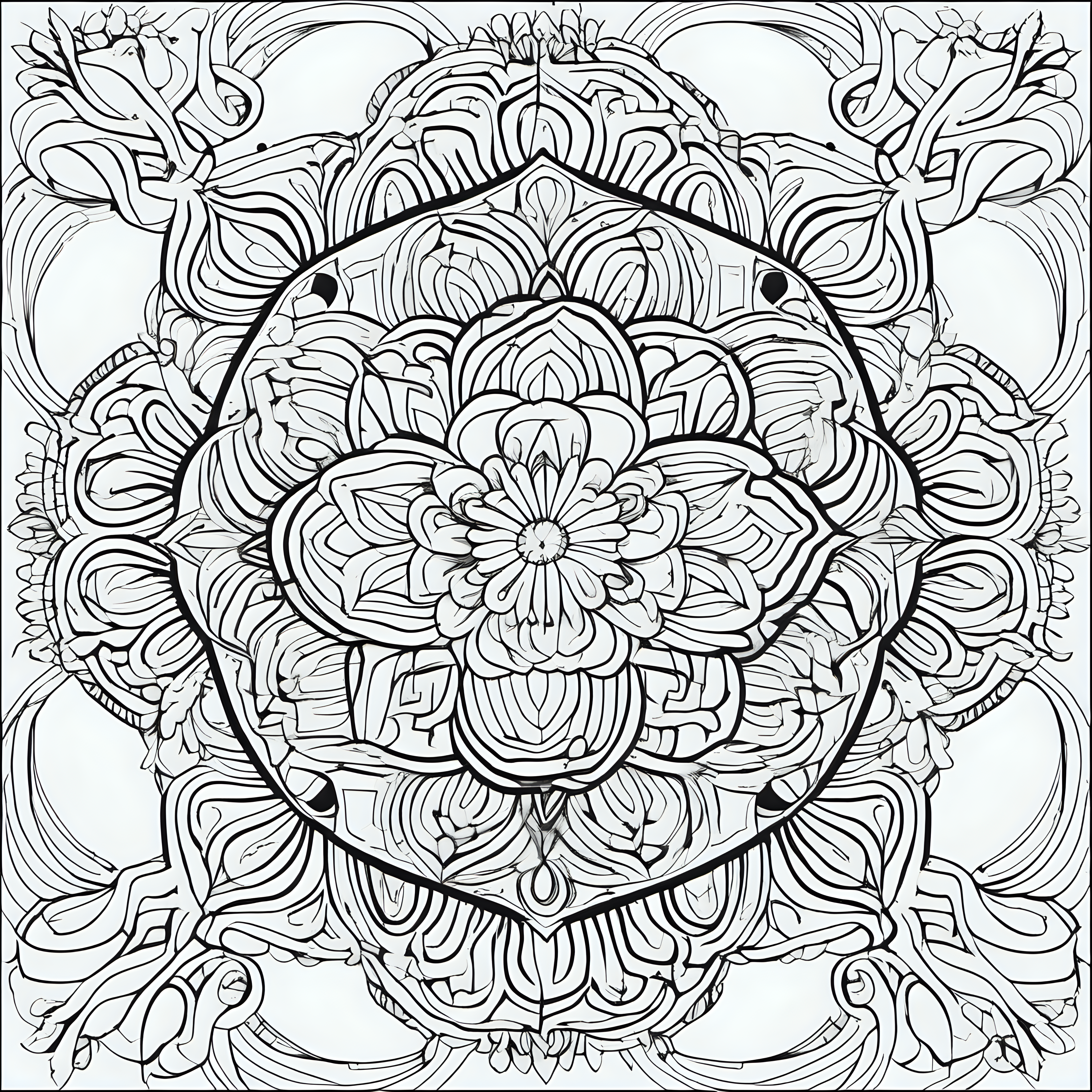 coloring page for adults, mandala for adults, unique floral mandala, thick lines, fit mandal in page, simple, line art, full length view –s 750 –v 5.1 --ar 2:3