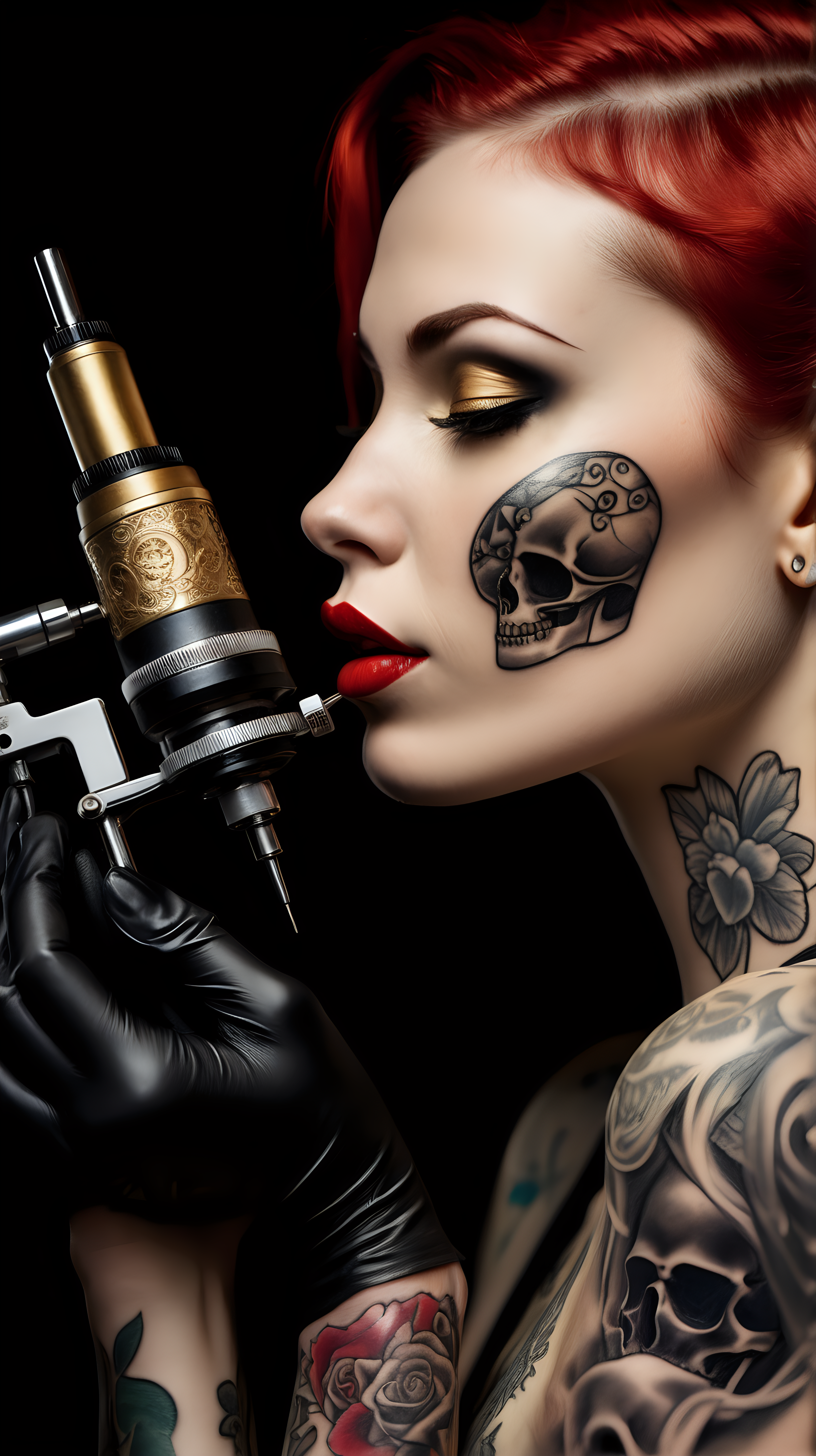 /imagine prompt : An ultra-realistic photograph captured with a canon 5d mark III camera, equipped with an macro lens at F 5.8 aperture setting, The camera is directly in front of the subject, capturing a vintage classic tattoo machine /describe : a pattern of the skull is engraved on golden tattoo grip , grabbed by a hand wearing black nitrile gloves . A beautiful woman whose only lips are visible in the picture is sensually kissing the needle of the tattoo machine with her very red lips.
the hand is blurred and the focus sets on tattoo machine .
Soft spot light gracefully illuminates the subject and golden grip is shining. The background is absolutely black , highlighting the subject.
The image, shot in high resolution and a 16:9 aspect ratio, captures the subject’s  with stunning realism –ar 9:16 –v 5.2 –style raw
