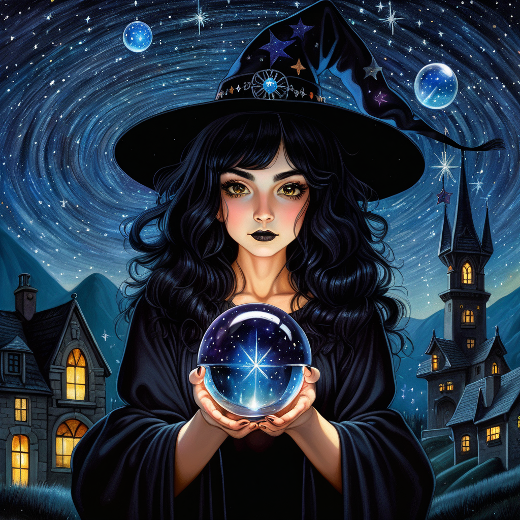 Black hair witch on starry night background holing a crystal ball