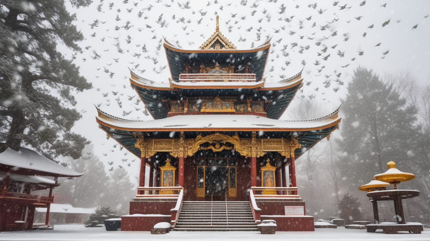 Buddhist temple in winter snow storm with flying angels flying overhead