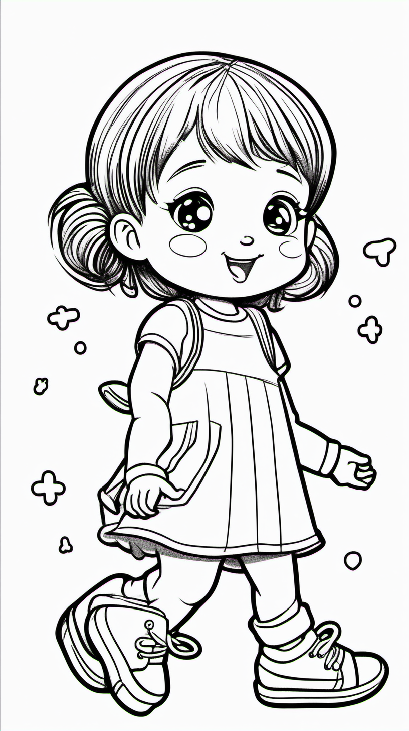 Little girl playing with a toy very happy. Coloring page for toddlers, basic cartoon, kawaii style, black and white, ink lines, smooth, anime style, simple, cute eyes, full body, white shoes, sketchbook, realistic drawing, free lines, on paper, character, art Clean, highly detailed line with no shadows