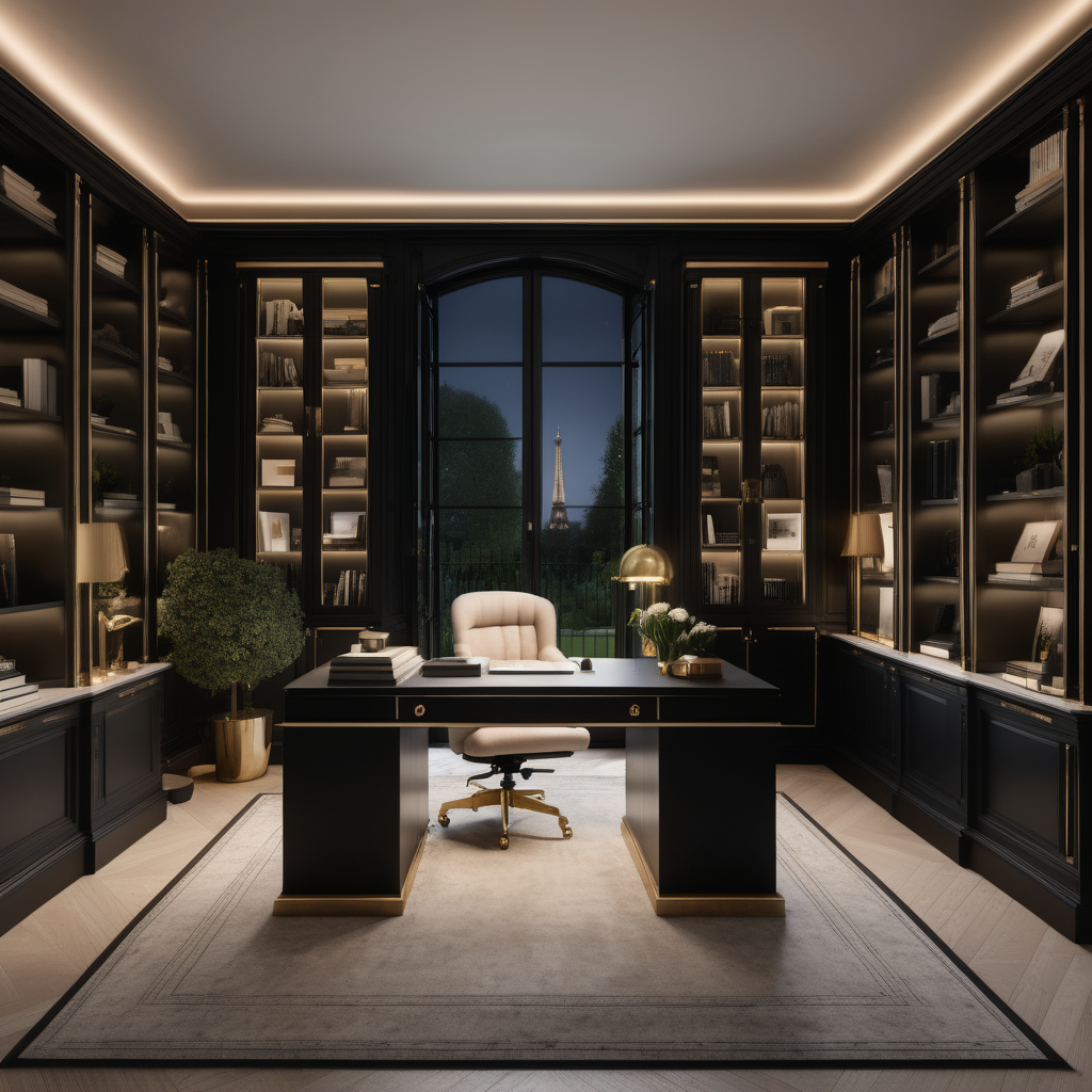 a hyperrealistic of a grand modern Parisian estate, feminine home office at night with mood lighting, floor to bookcases, floor to ceiling windows with a view of the manicured gardens, in a beige oak and brass and black colour palette
