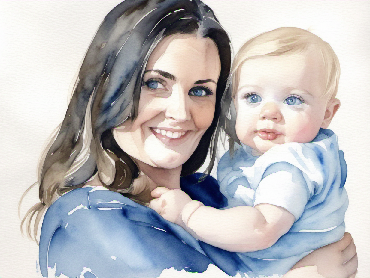 A water Colour painting of a dark-haired, blue eyed mum with a blond 1yr old baby
