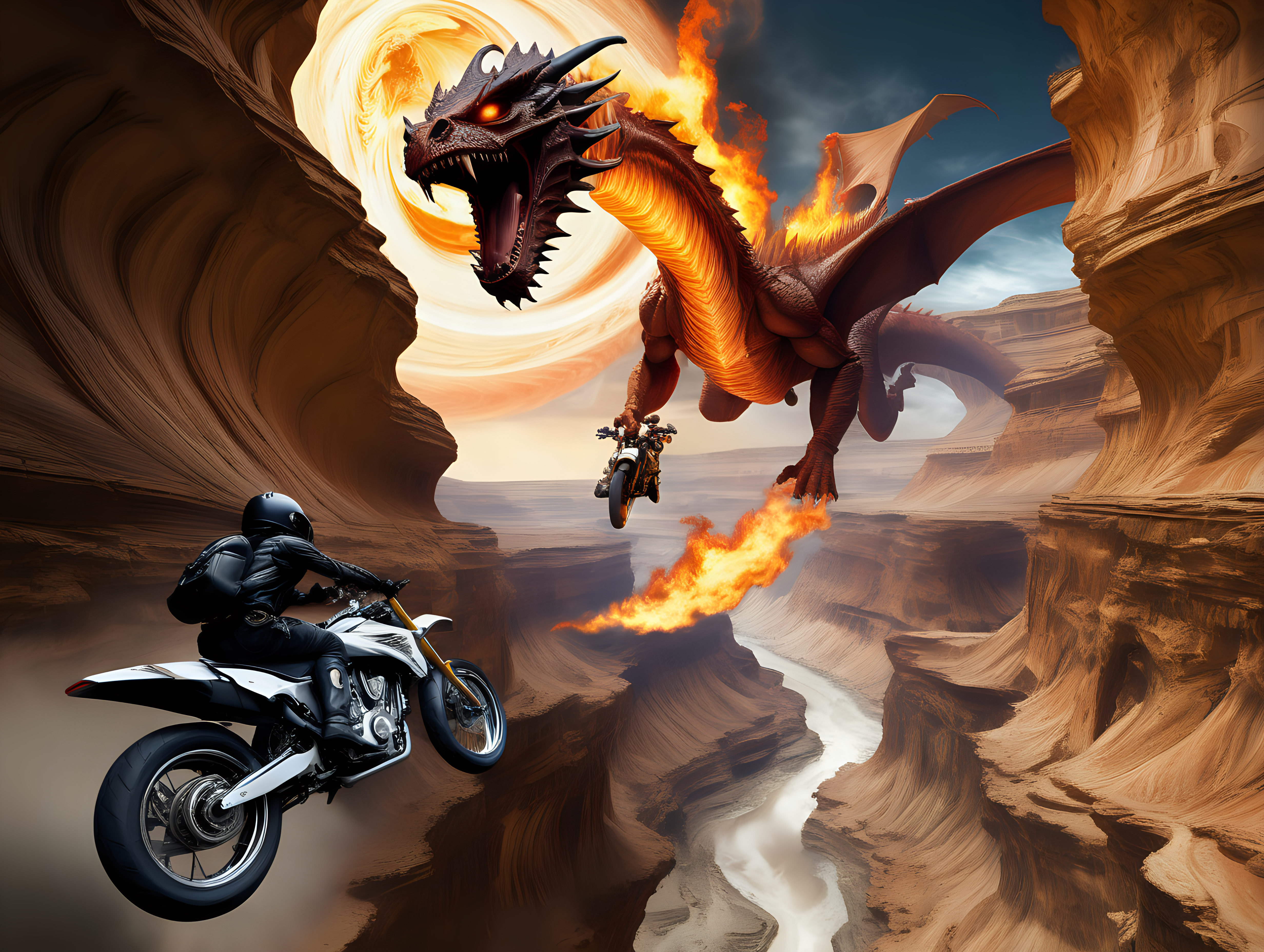 Motorcycle jumping a canyon on Jupiter chased by