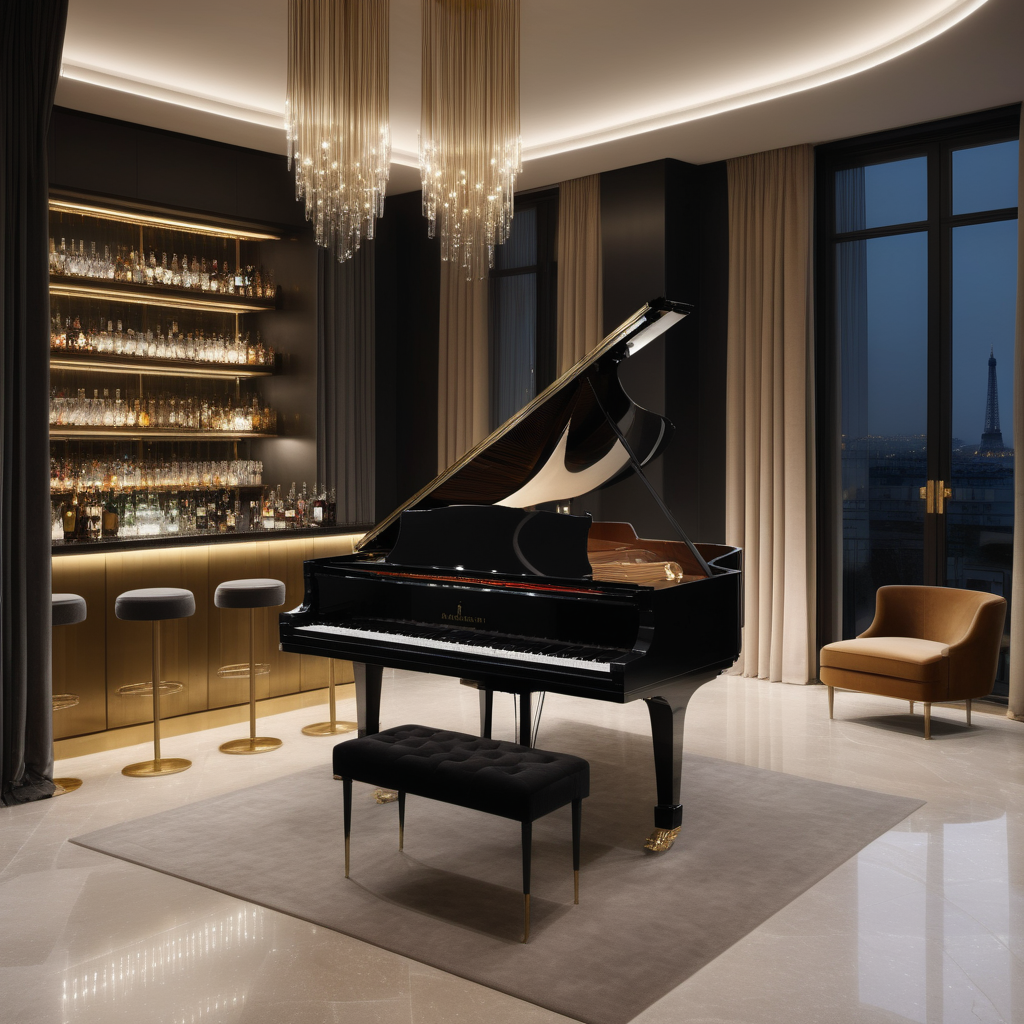 hyperrealistic of an elegant modern Parisian Music room with a grand piano at night; a bar with floor to ceiling wall of drinks and glasses; floor to ceiling windows ; curtains; mood lighting;  Limestone flooring; beige, oak, brass and accents of black colour palette; modern brass pendant light
