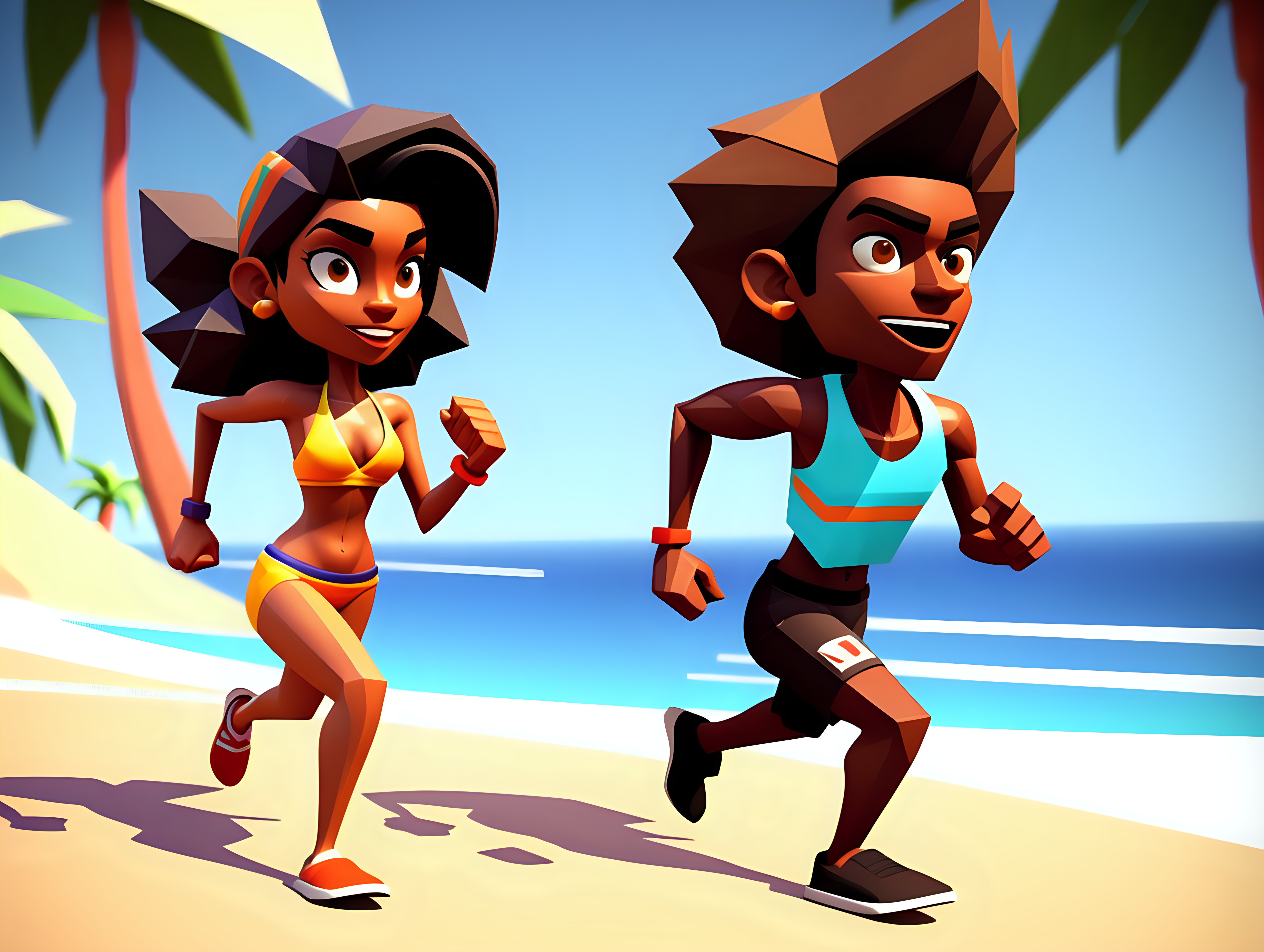 Generate an in-game screenshot for a PS1-era urban tropical beach run racing game with low-poly graphics. Feature a predominantly black and Hispanic cast of characters, wearing vibrant beach outfits. The characters should exude a lively and energetic atmosphere as they compete in a thrilling beach run race. Infuse the scene with an urban tropical vibe, emphasizing the sandy beach, palm trees, and ocean backdrop.

Incorporate smooth low-poly graphics reminiscent of the PS1 era, capturing the essence of classic racing games. The soundtrack is influenced by upbeat Afrobeats, setting the tone for the vibrant and dynamic gameplay. Introduce a mascot character, adding an extra layer of charm and excitement to the race. Ensure the screenshot encapsulates the speed and joy of a beach run racing game, with characters showcasing their unique running styles and personalities. Embrace the fusion of diverse cultural influences, creating a visually appealing and lively atmosphere reminiscent of classic PS1-era racing games.