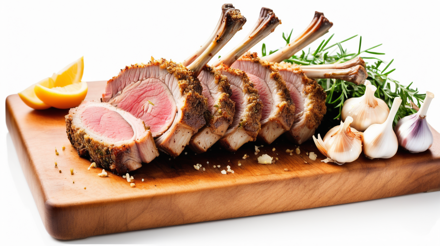 Garlic-Crusted Roast Rack of Lamb on wooden plate, isolated on white background