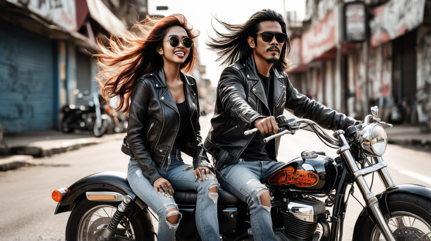The image showcases a man and a malay woman riding on a classic motorcycle. The man, who is driving, has a rugged look and long hair, wearing aviator sunglasses, a black leather jacket over a T-shirt with a skull design, and distressed jeans. The woman behind him exudes a sense of cool confidence, with her hair blowing in the wind, also wearing sunglasses, a leather jacket, and ripped jeans. They both wear casual sneakers, and the motorcycle is a shiny, well-maintained model with a prominent chrome finish and a red-orange tank. The overall vibe is one of freedom and rebellion, reminiscent of classic road trip imagery.