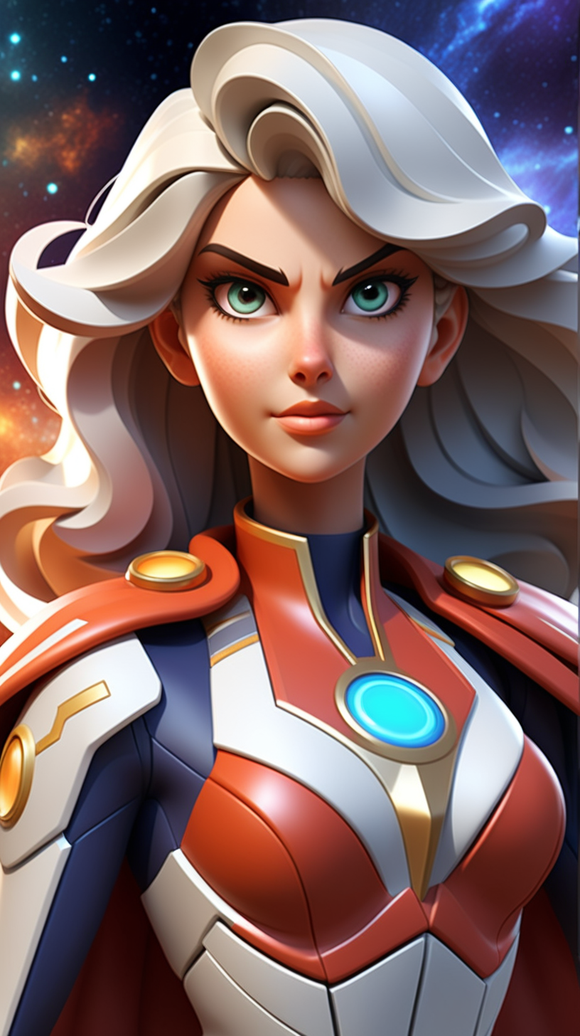 I need to create a type of hero (she) for the presentation for my team at the year meet. She includes these Properties: "Mega-energetic, wise, emotional, caring, idea generator, cosmic, leader, strategic, locomotive, information source, wisdom and energy - this heroine exudes these qualities."