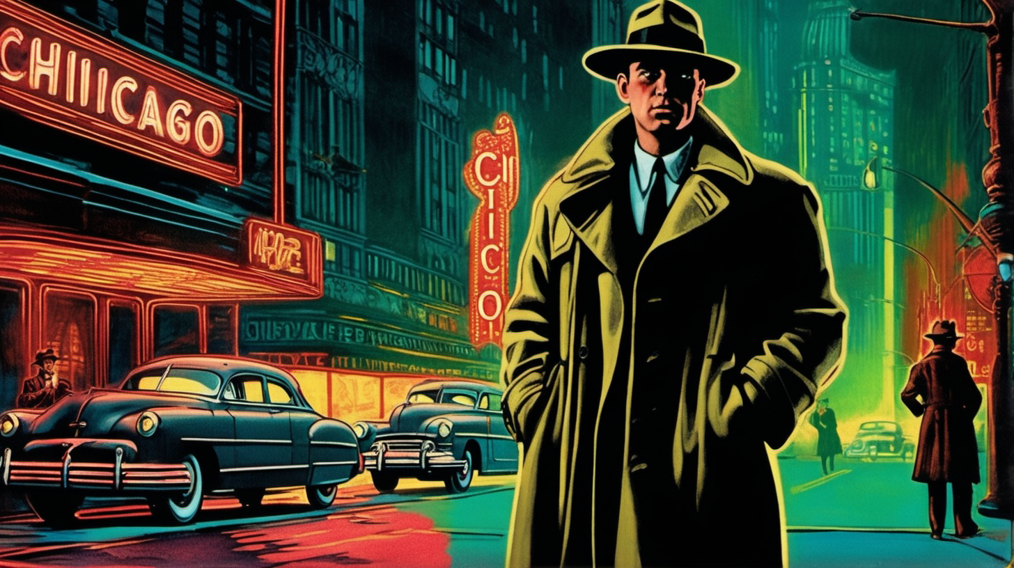 A man in the foreground with a rifle, wearing a trenchcoat and fedora, staring at the camera on a downtown neon Chicago street, circa 1950. Art Nouveau style.