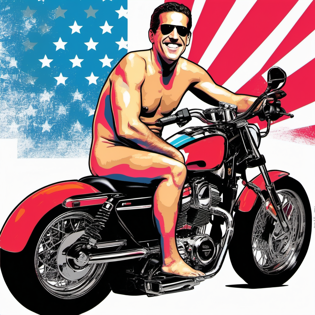 ((Hunter Biden)+ riding a motorcycle (naked)+++))+ in the style of (pop art)