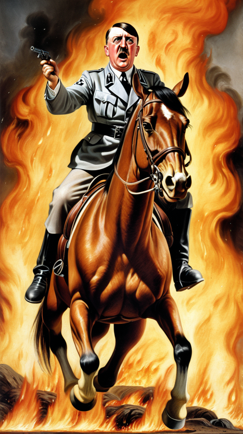 adolf hitler aggressive on horseback surrounded by fire and belly on the ground
