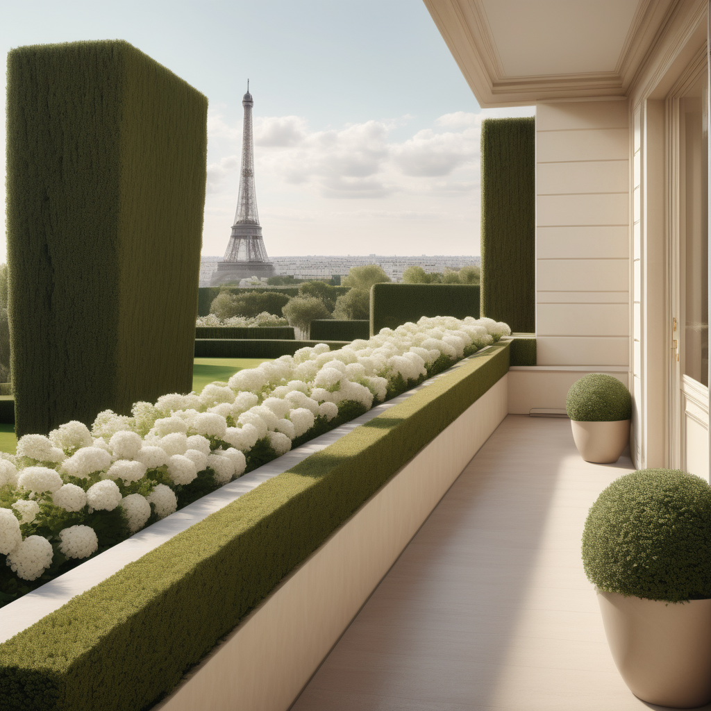 a hyperrealistic of a view from the balcone of a grand modern Parisian home of the home, looking over the sprawling lawns and elegant gardens of white flowers and manicured hedges, in a beige oak brass colour palette --no visible homes nextdoor
