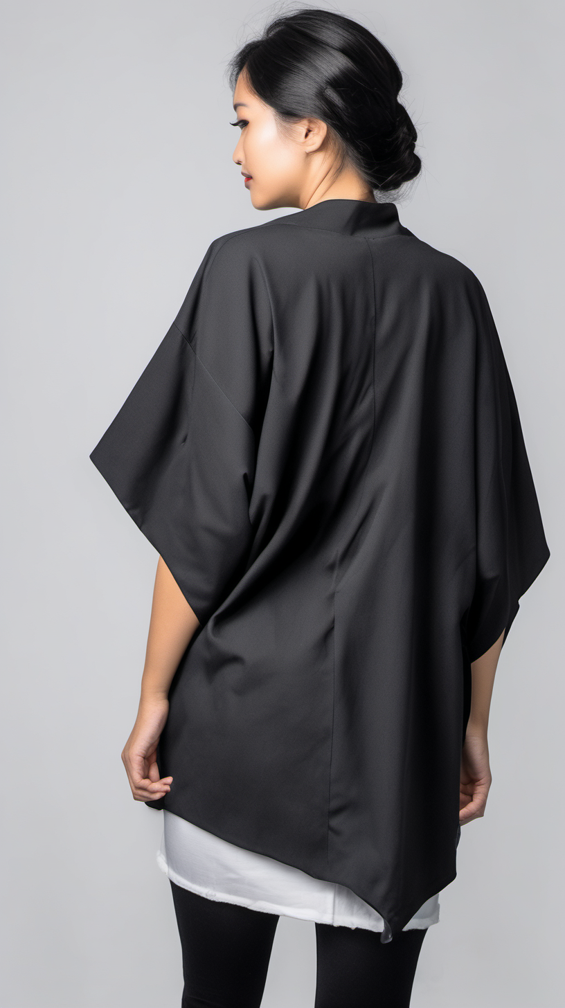 plain black modern outer jacket kimono inspired worn by a woman from the back in white background