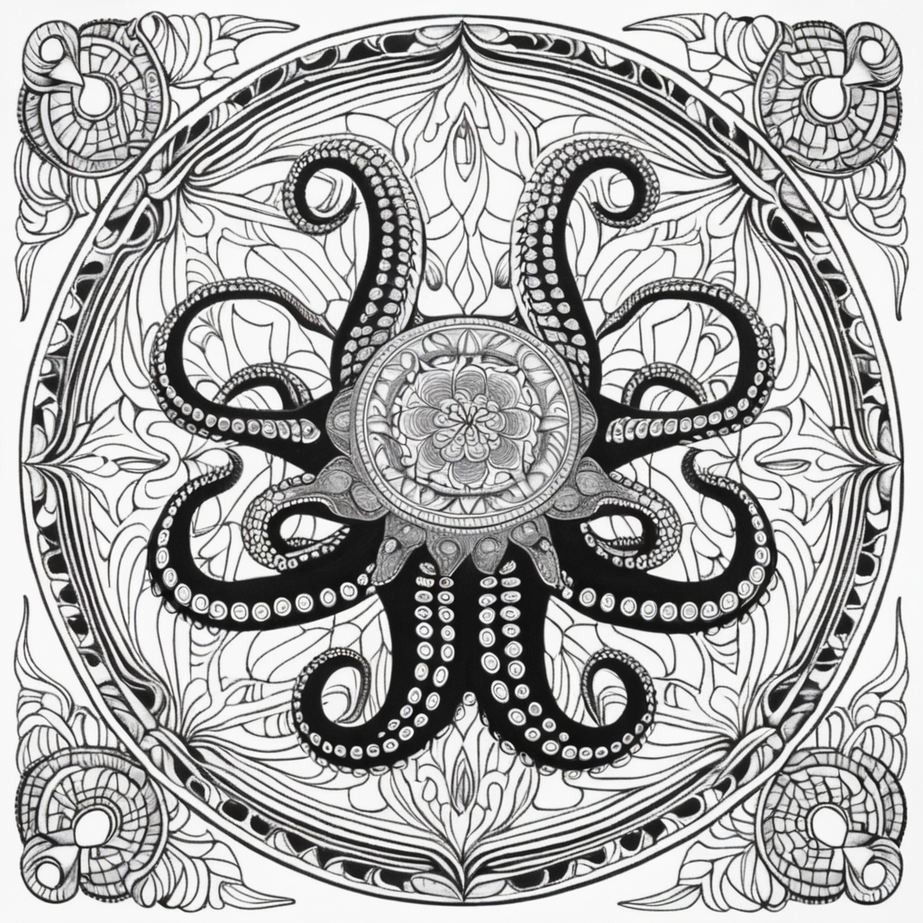 adult coloring book, black & white, clear lines, detailed, symmetrical mandala made of tentacles