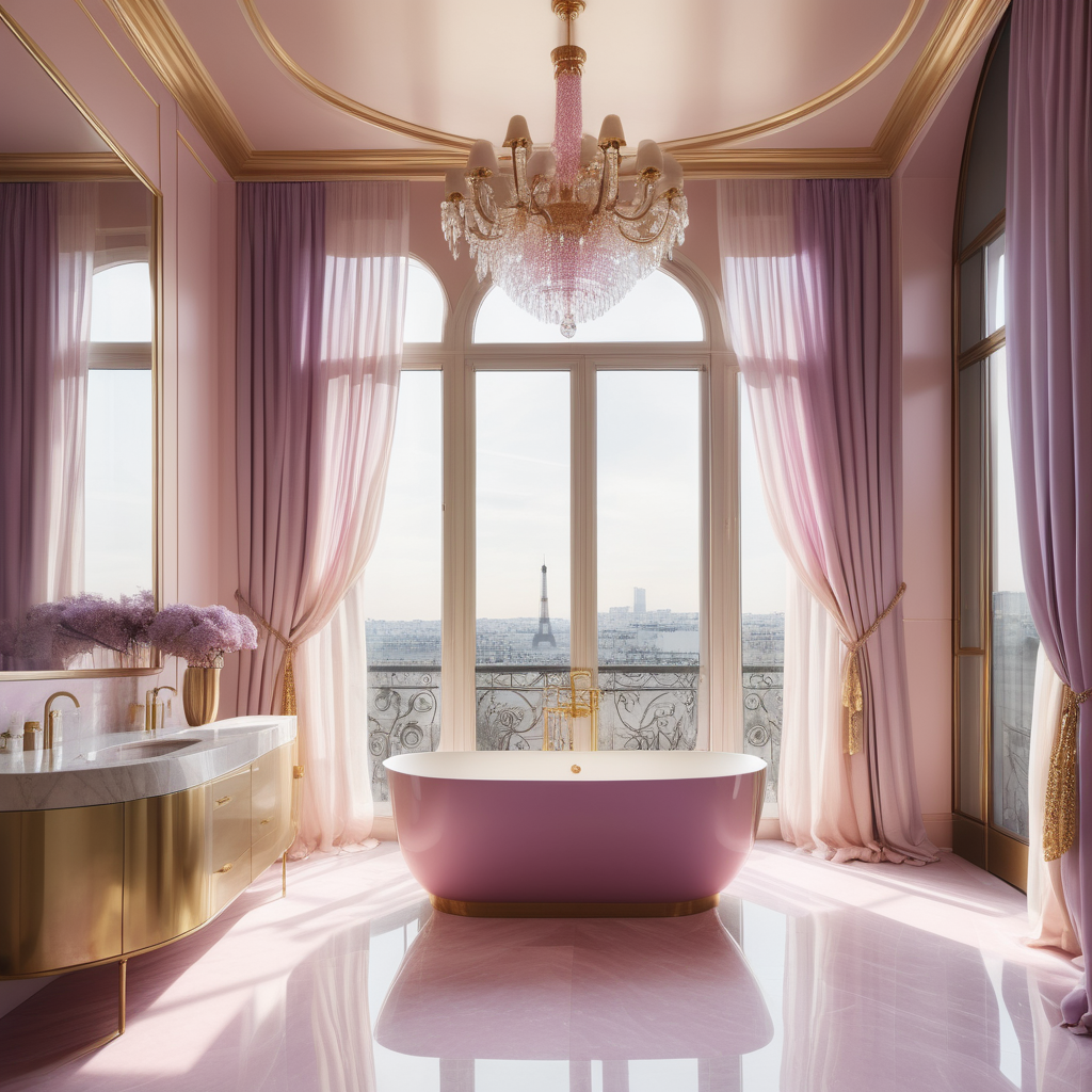 hyperrealistic image of large modern Parisian bathroom, floor to ceiling windows, curves, beige, pink, lilac and brass colour palette, brass chandelier, sheer curtains