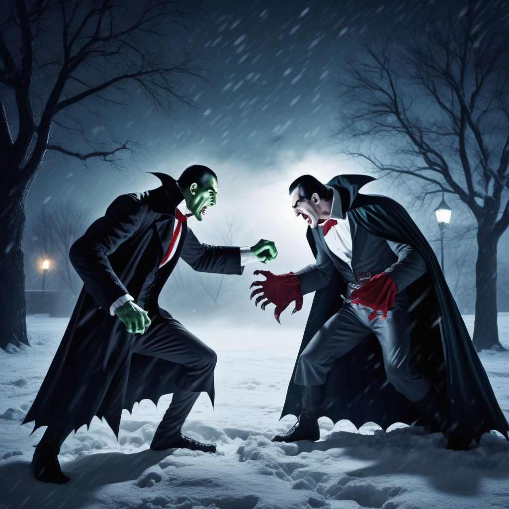 Dracula fighting Frankenstein Monster in winter snow storm