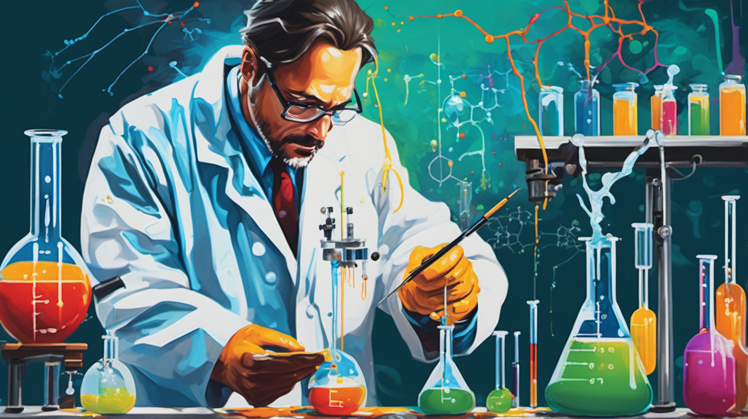 Dripping Painting of a scientist in hid lab inventing a new formula