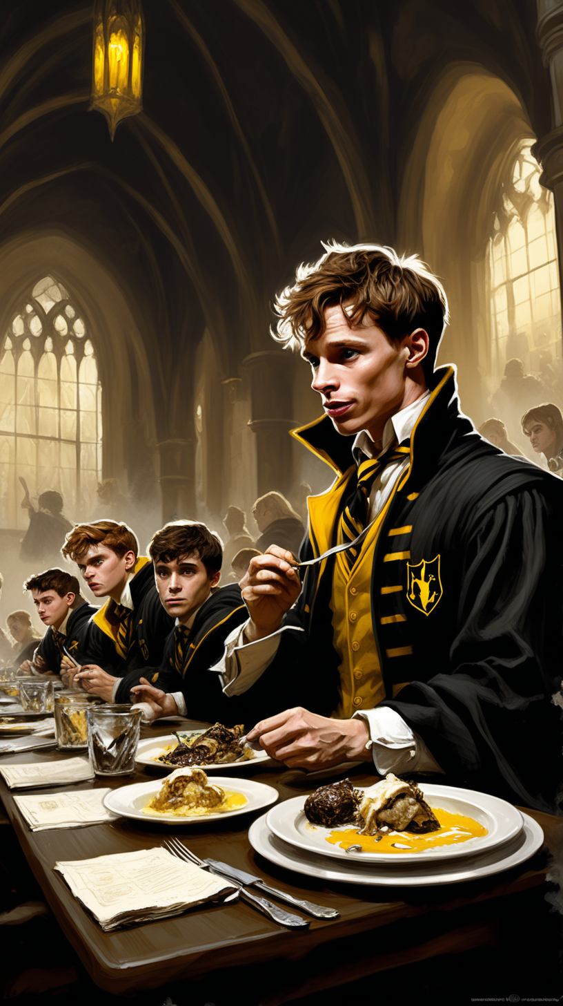 Create a dark fantasy art illustration,  frank frazetta style, of Eddie Redmayne, as a Hogwarts Hufflepuff student eating at dining hall, with other students.
