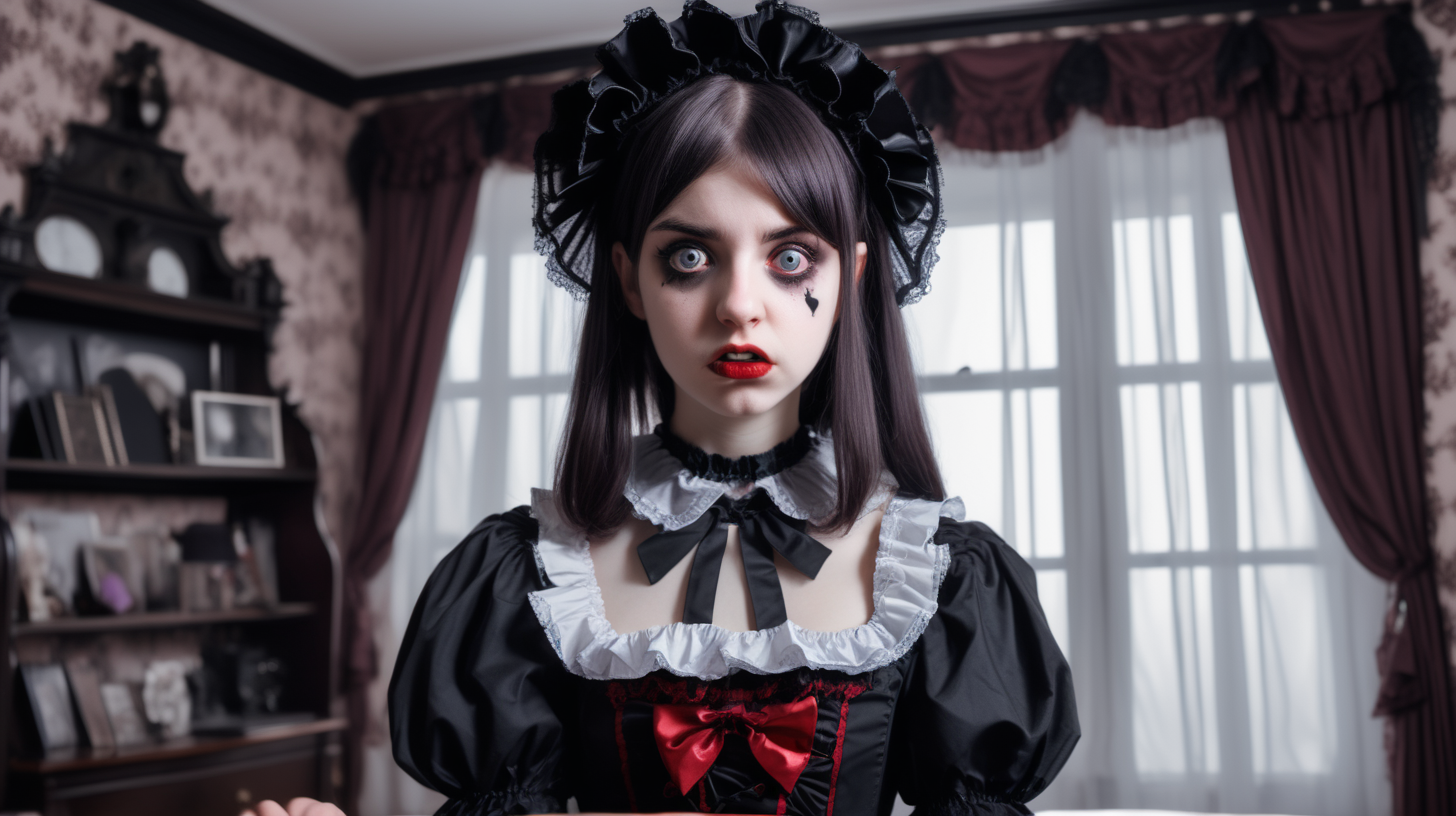 A gothic lolita style vampire experiencing horrible existential dread while bored at home
