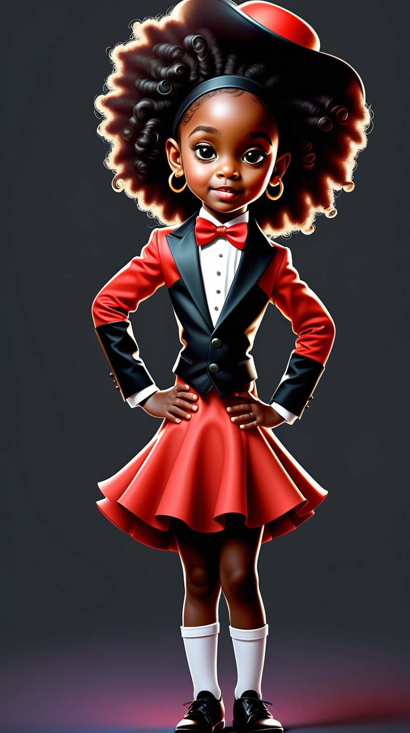 vector art, illustration, realistic-looking, vibrant, colorful, 5-year-old, black girl, ring-master, full-body,