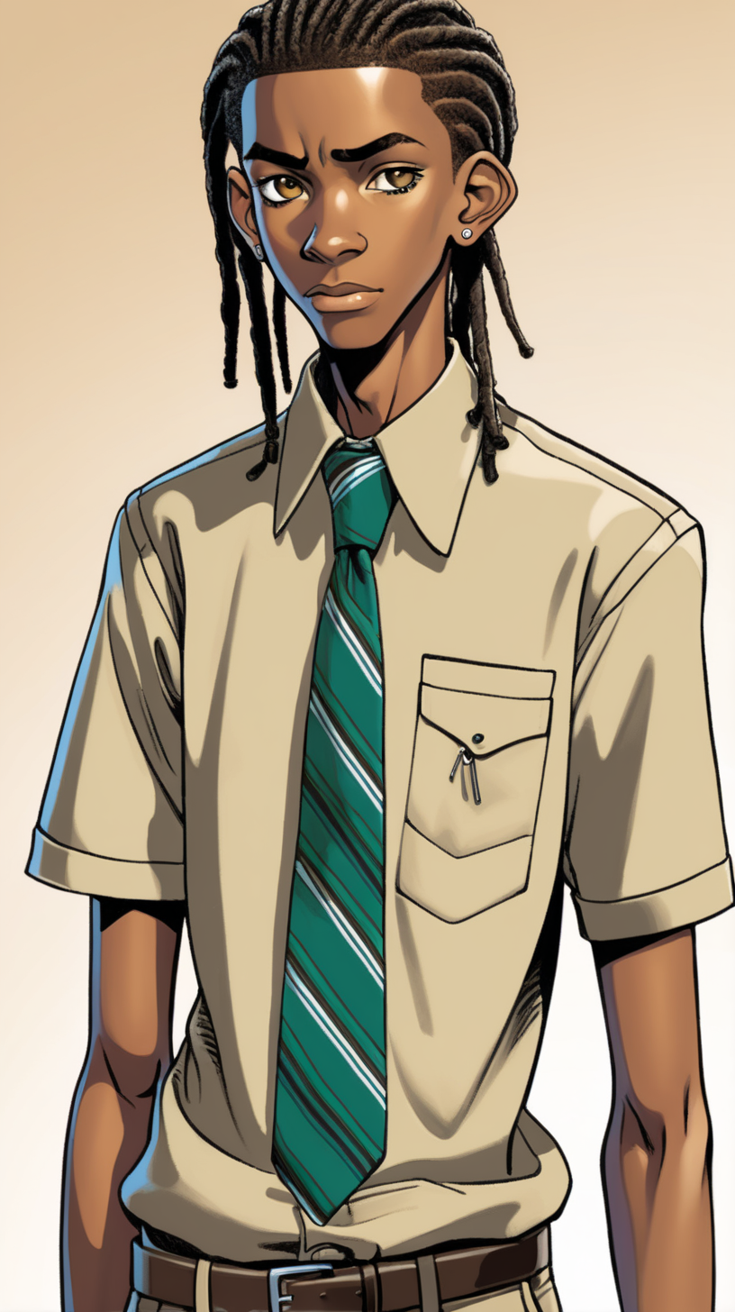 
comic-style 16-year-old black Jamaican teen boy who is tall, and thin with short dreadlocks wearing a khaki-colored button-up shirt with a tie close-up of his face. make background plain
