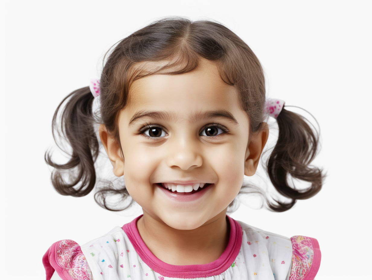 bílé pozadí_reálná tvář_dítě 3 roky_ holka_Arabie_usmívají se_je vidět celá hlava


