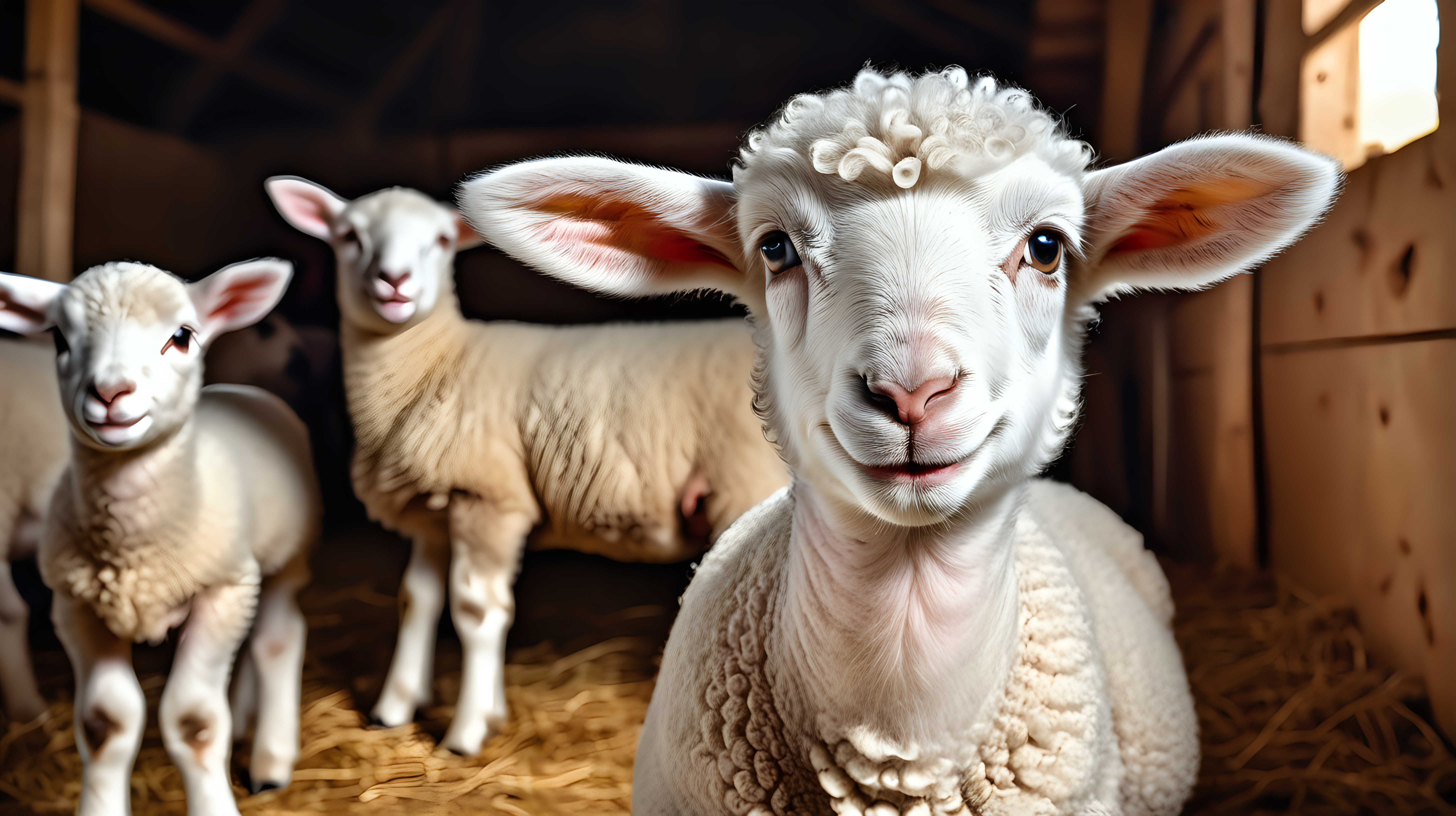 Portrait of a cute lamb on a background of sheep in the barn