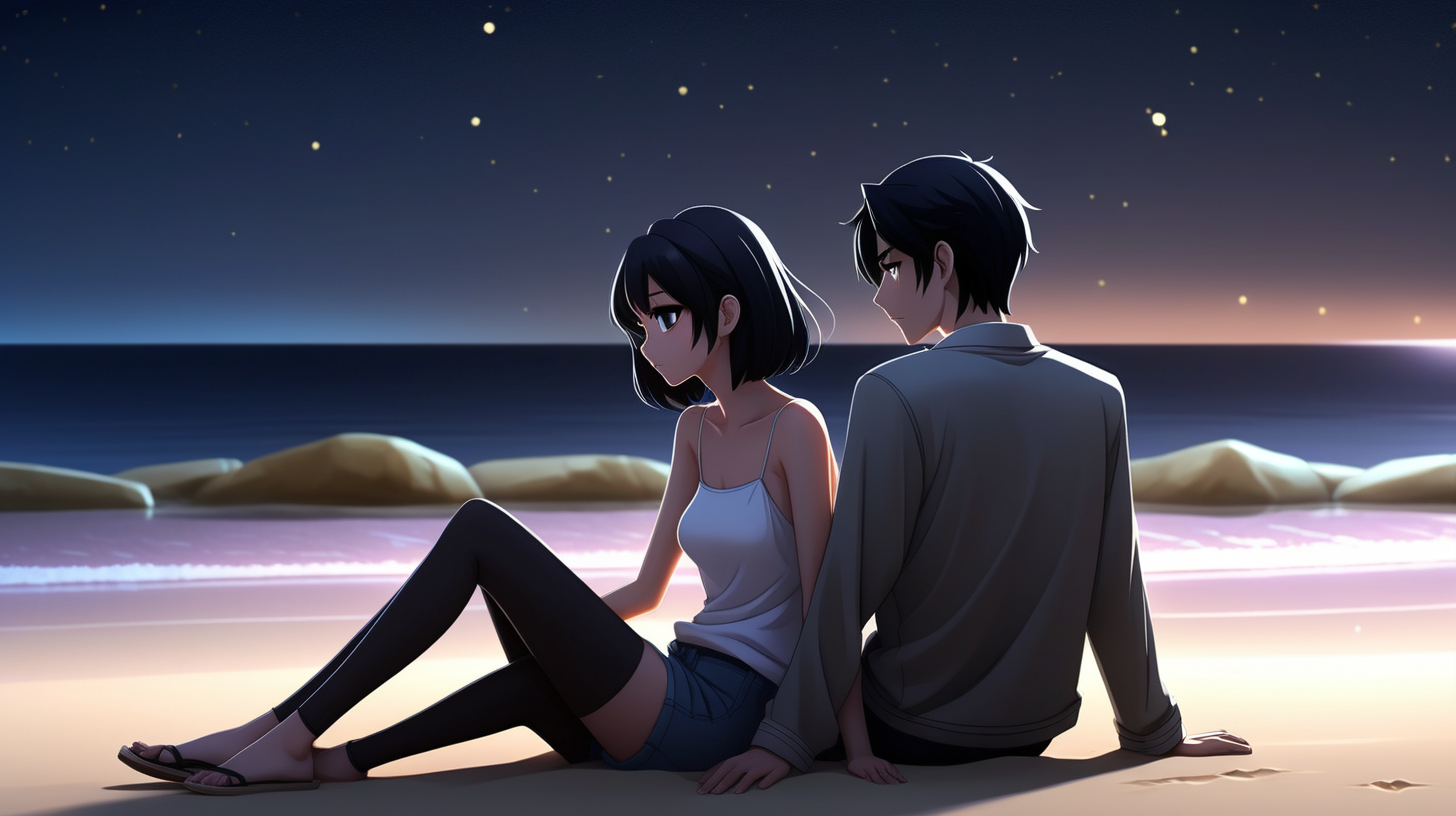 Late one night, anime a male and female couple are sitting together on the beach, black hair, modern clothes, background with a beautiful night sky with lots of stars, simple full color, high quality, lively eyes, dark, gloomy, dark color, natural eyes, hd, hyper realistic,