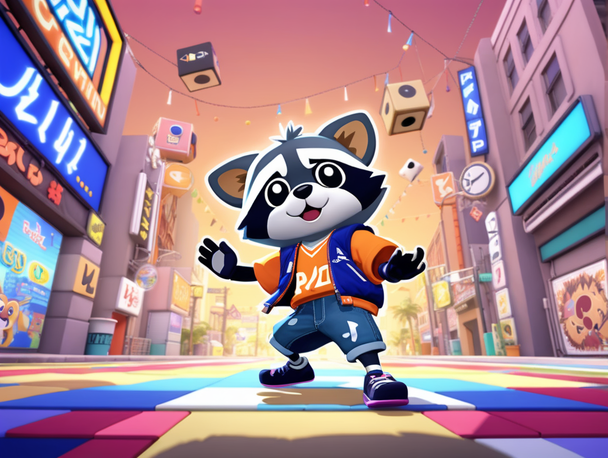 Generate an in-game screenshot for a PS1-era rhythm game with a flat art style, featuring a Raccoon protagonist. The scene should capture a lively moment in the rhythm game, showcasing the Raccoon's rhythmic actions with flat and vibrant visuals reminiscent of classic rhythm games like PaRappa the Rapper and Um Jammer Lammy.

Incorporate smooth low-poly graphics reminiscent of the PS1 era, staying true to the flat and simplistic art style of classic rhythm games. The soundtrack should be influenced by a Japanese hip-hop vibe, setting the tone for the rhythmic gameplay. Set the scene in a visually engaging environment that complements the rhythm game experience. Ensure the screenshot encapsulates the fun and energetic essence of classic PS1-era rhythm games, featuring the unique charm of a Raccoon protagonist with a flat art style.

Embrace the fusion of rhythm gameplay, low-poly graphics, and a Japanese hip-hop aesthetic, delivering a visually appealing and lively atmosphere reminiscent of classic PS1-era rhythm games with a flat art style.