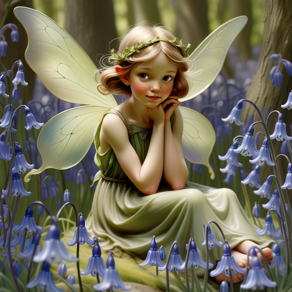 Illustrate a fairy nestled among bluebells with outstretched
