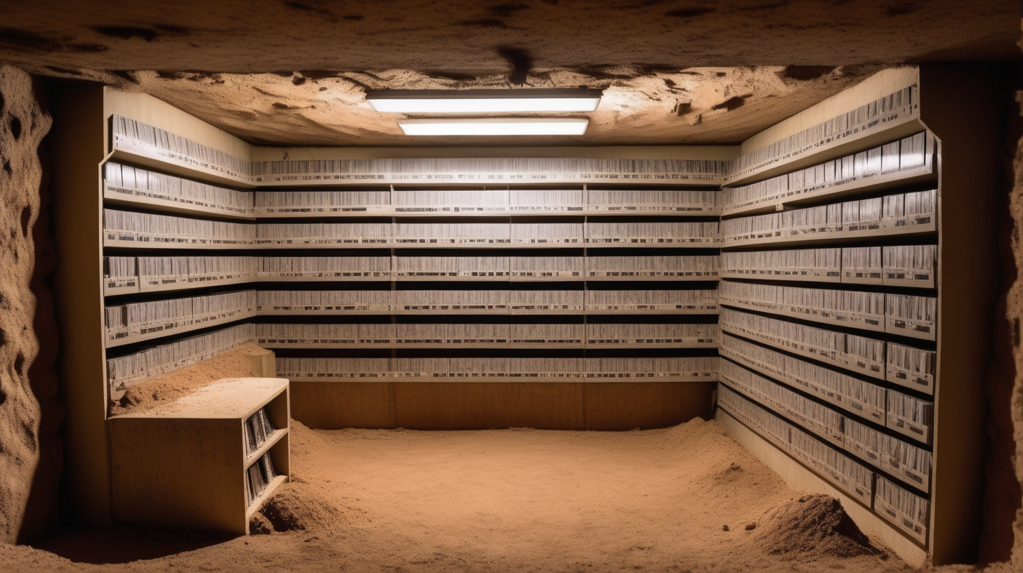  a cross section of an underground bunker with a large shelf full of videotapes. The bunker is surrounded by dirt on the exterior of it's walls.   in the style of a  wes anderson film