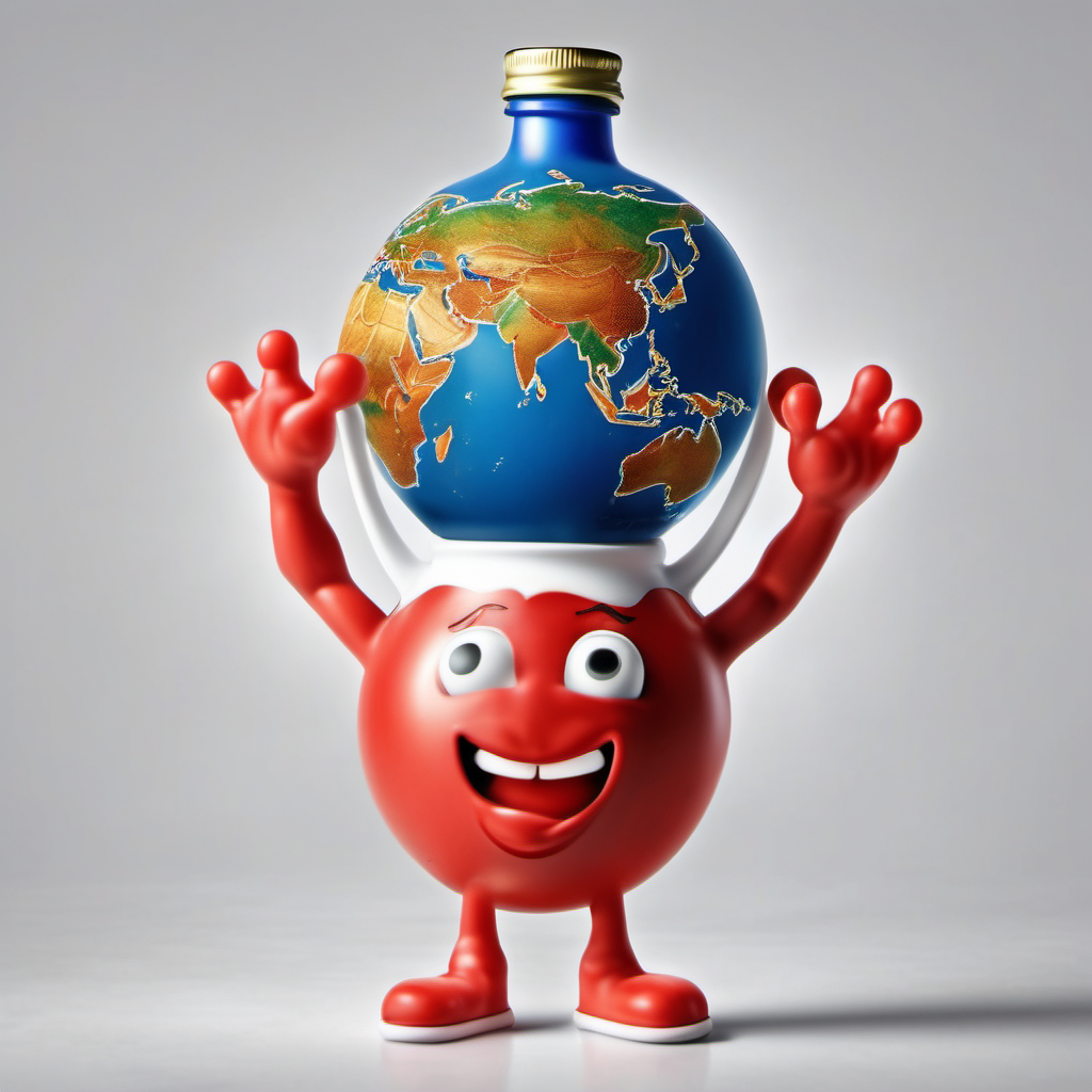 A ketchup bottle with arms and legs and a face, and a body like a Greek god. It is holding up a globe with it's hands. Realistic