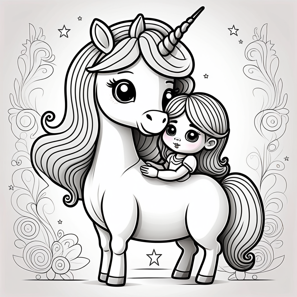 create cartoon style, little princess with her baby unicorn thick lines, colouring book
