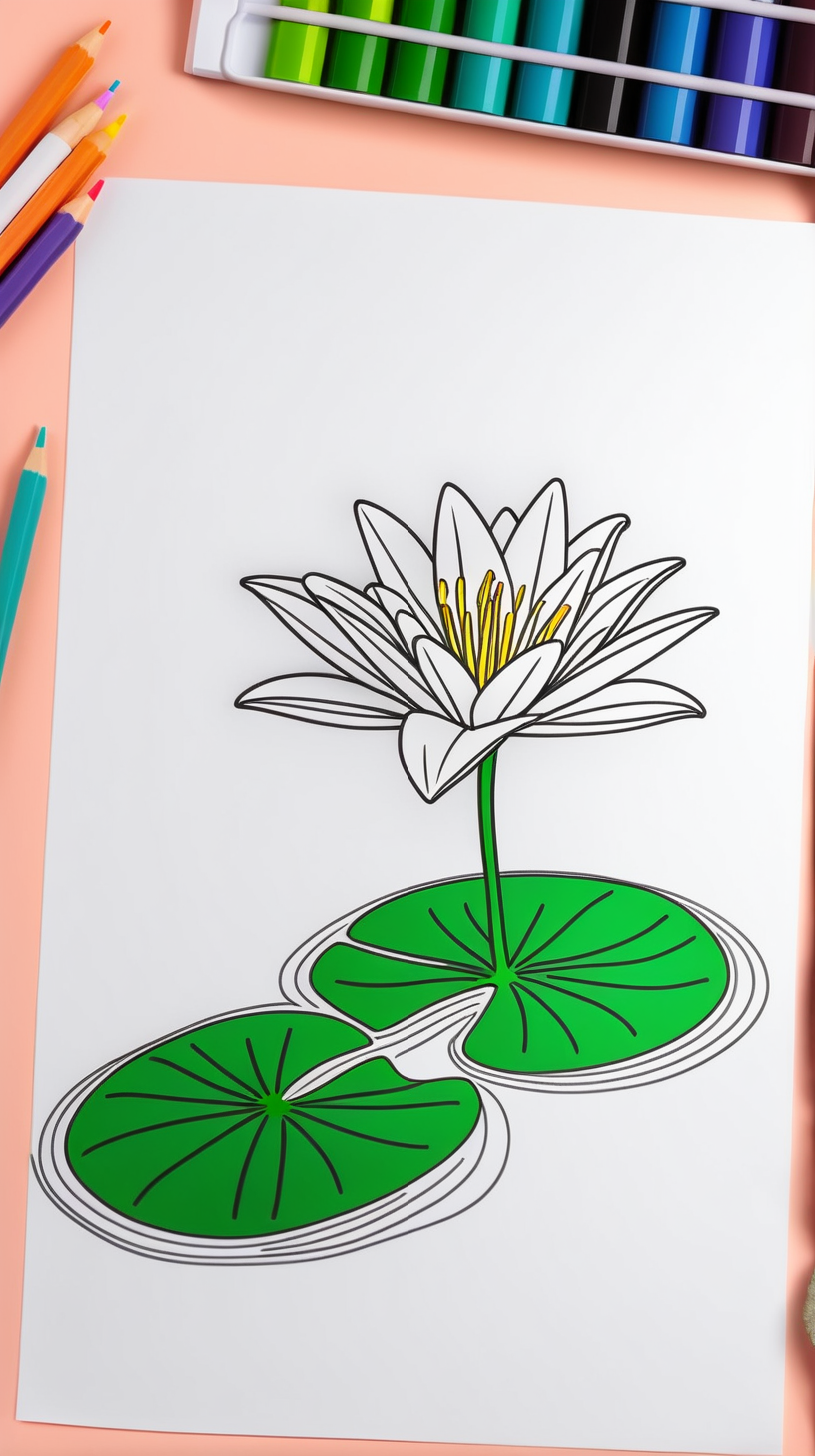 Drawing white piece of paper with like a coloring sheet with a lily pad 