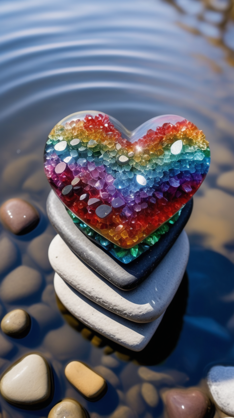 Rainbow Crystal Stones, Stacked in the Shape of a Heart in the River,