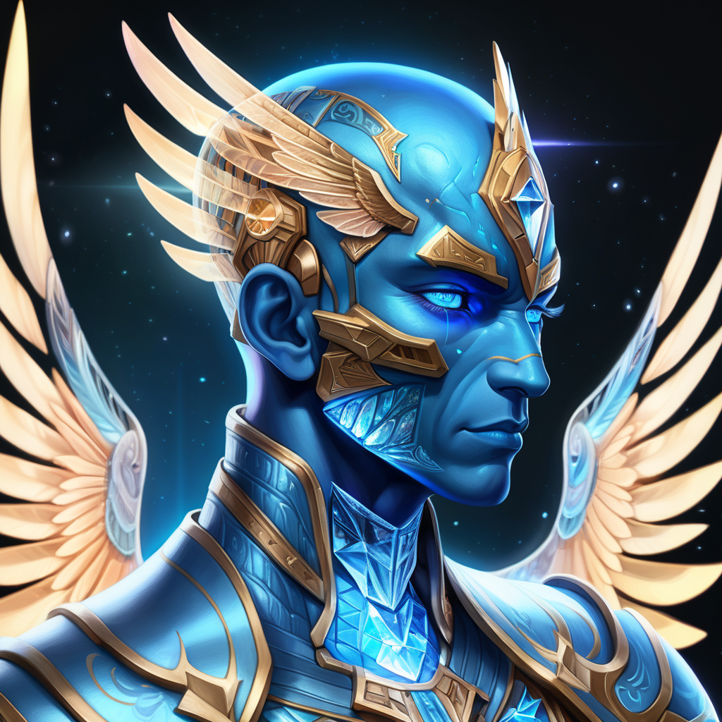 Glowing blue skin with tattoos, bald smooth head, blue glowing colorful eyes, small nose small mouth, glowing suit of armor, wings of crystals, crystal in forhead, light of angles