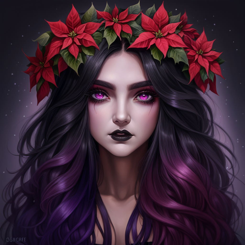 red eyes, black and purple ombre hair, long hair, semi realism, poinsettias, mature, dark, christmas, mature face, fantasy, hair split apart hairstyle, latin, female, flower crown, darkness