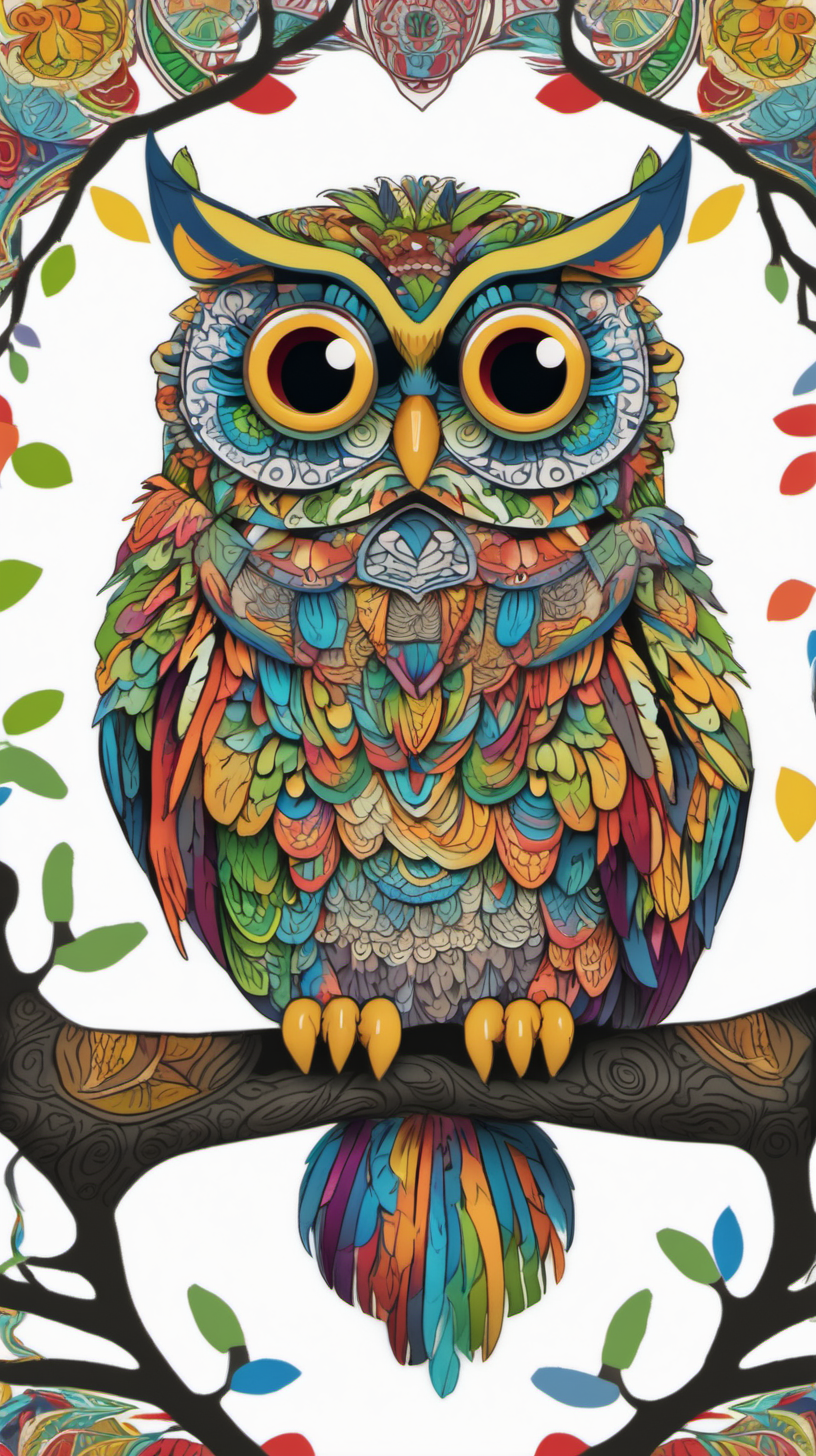 owl mandala multicolor sitting on branch